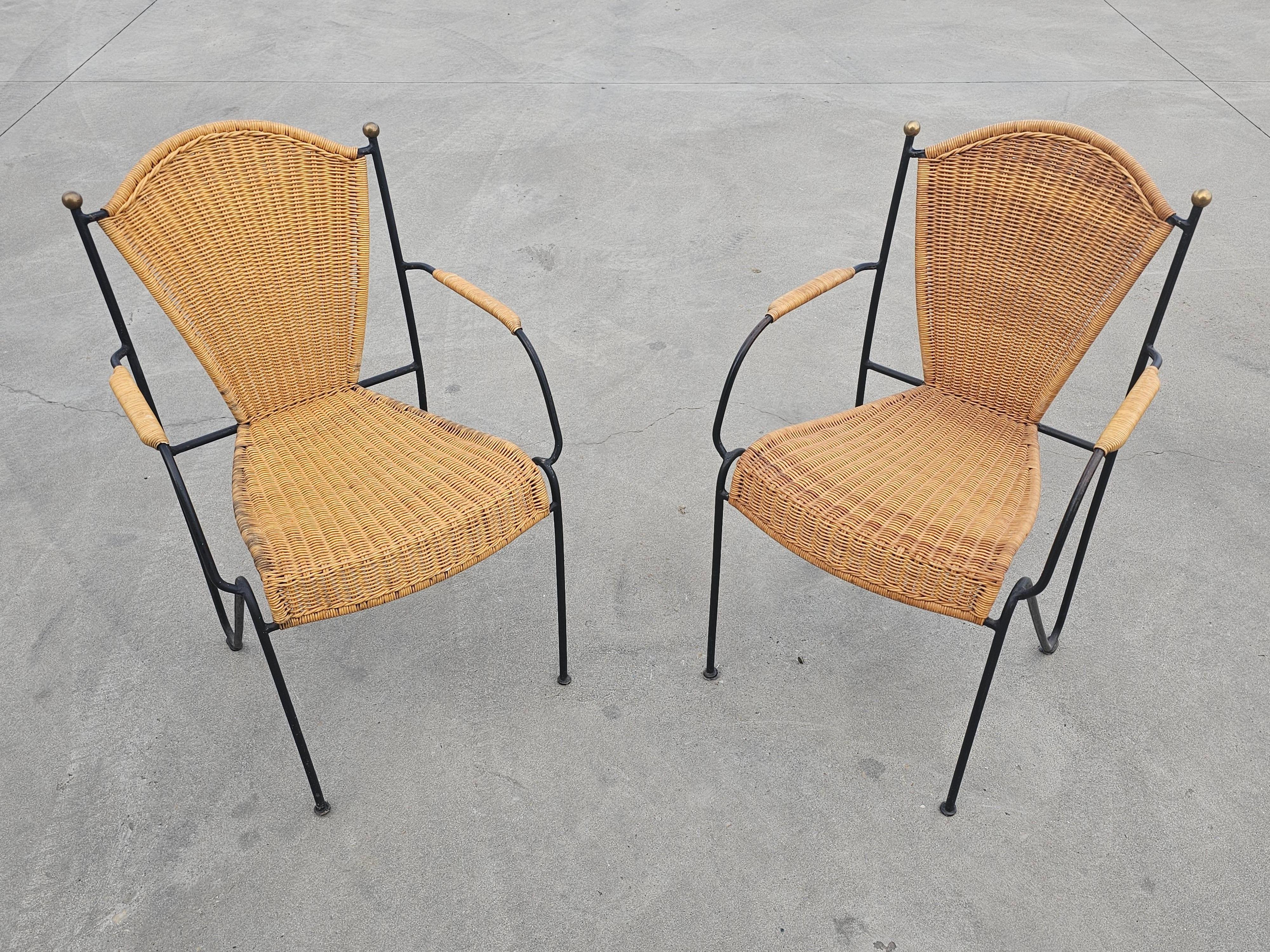Pair of Frederic Weinberg Wicker, Wrought Iron and Brass Chairs, USA 1950s For Sale 1
