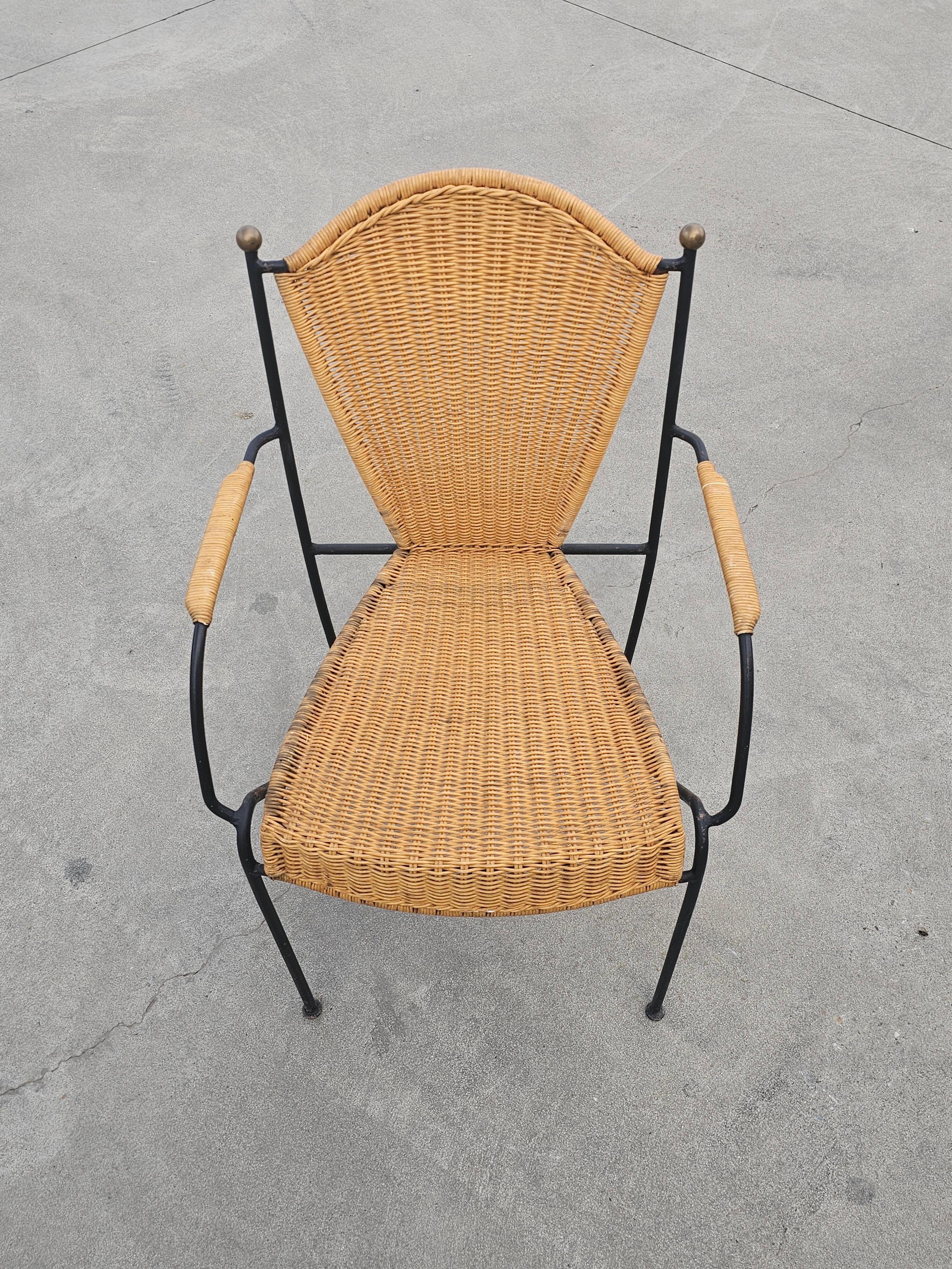 Pair of Frederic Weinberg Wicker, Wrought Iron and Brass Chairs, USA 1950s For Sale 2