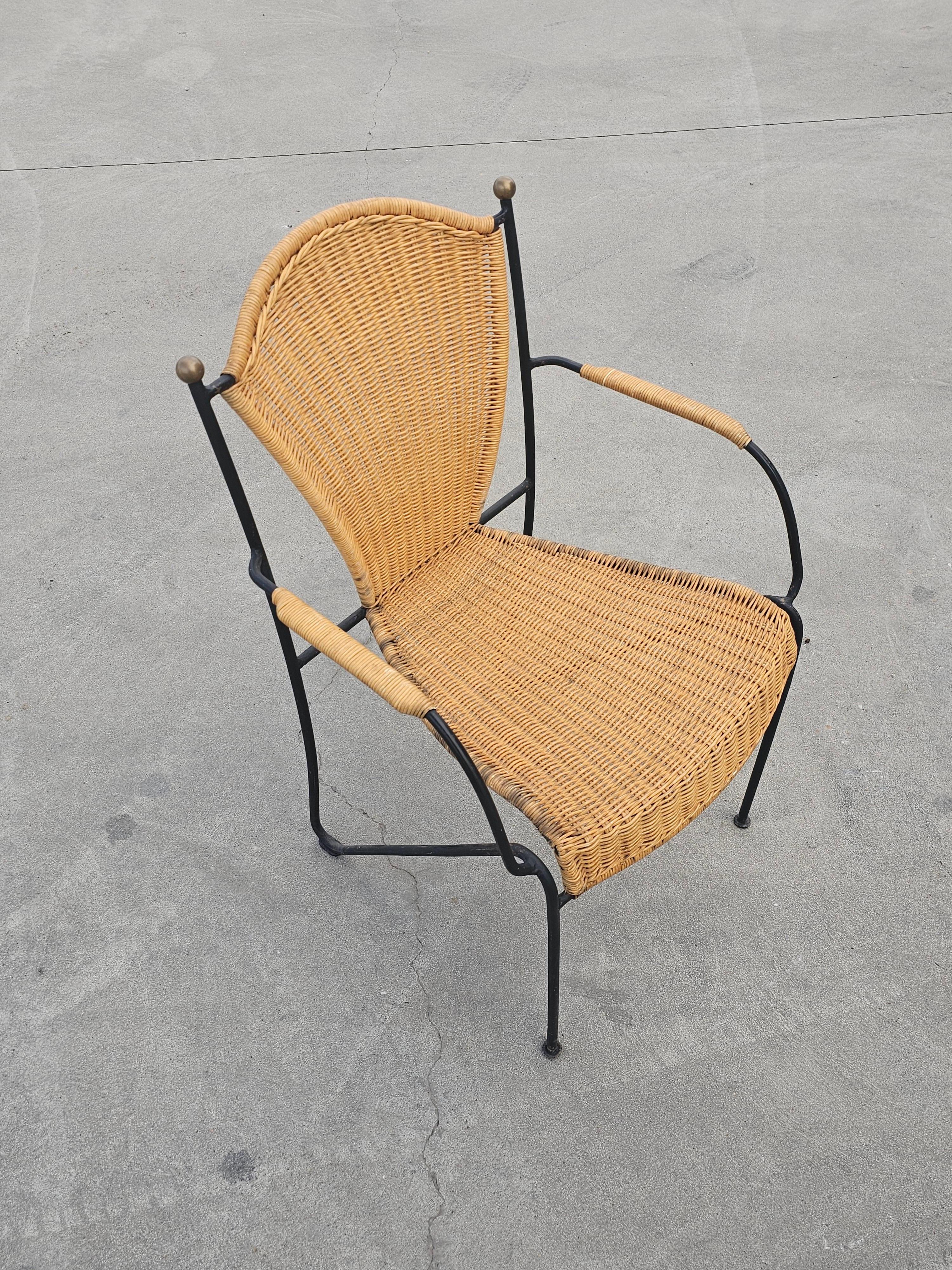 Pair of Frederic Weinberg Wicker, Wrought Iron and Brass Chairs, USA 1950s For Sale 3