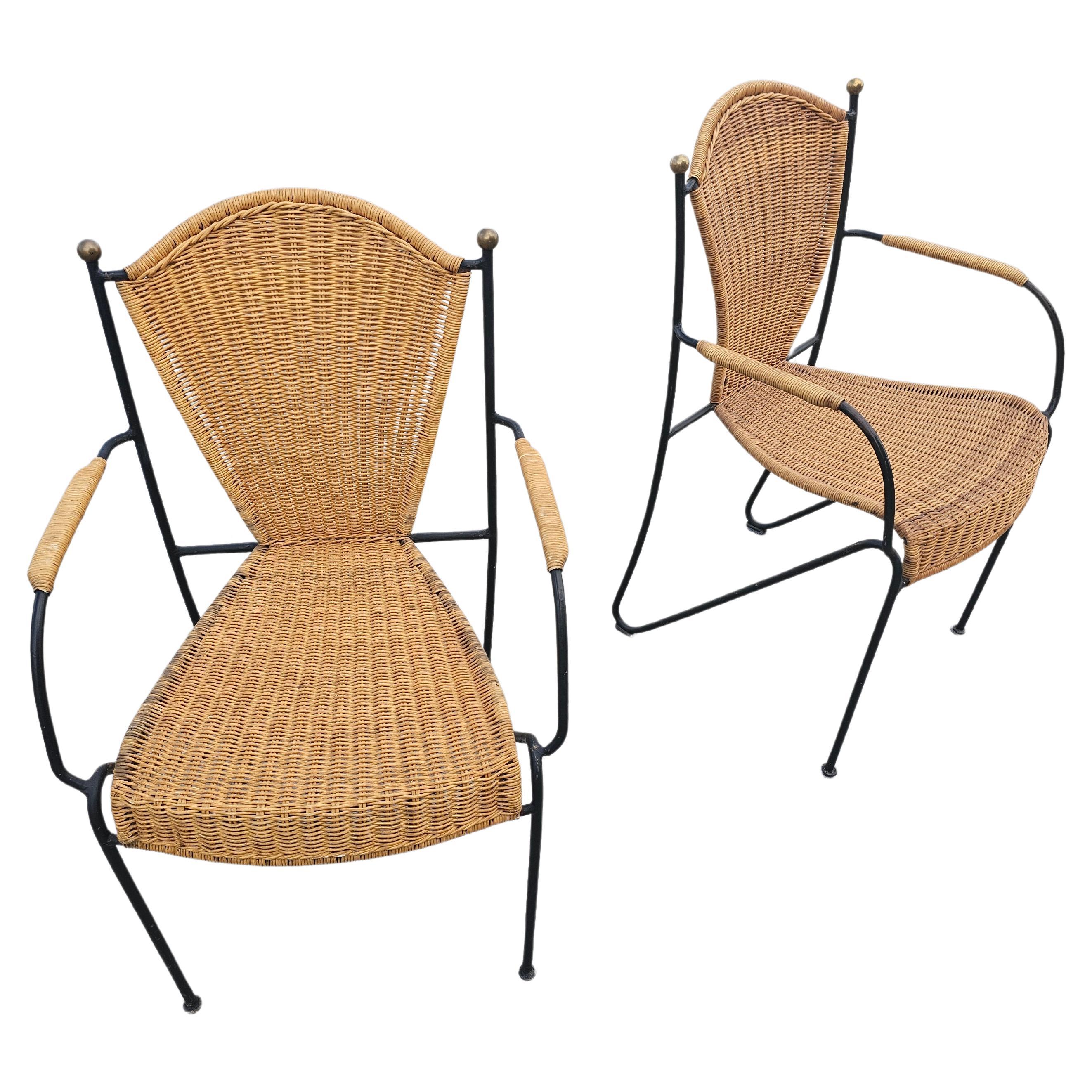 Pair of Frederic Weinberg Wicker, Wrought Iron and Brass Chairs, USA 1950s For Sale