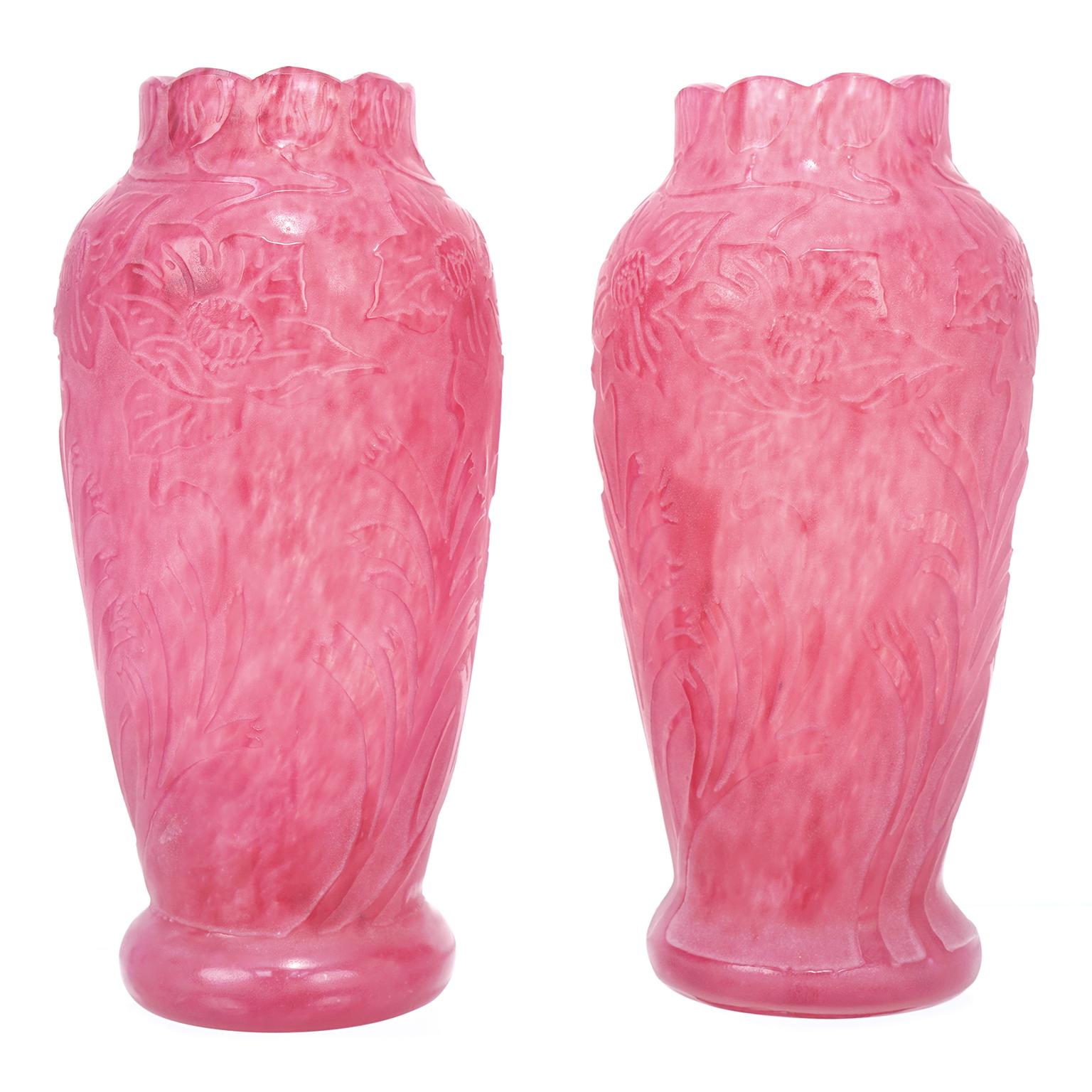 Crystal Pair of Frederick Carder for Steuben Acid Cut Art Deco Vases