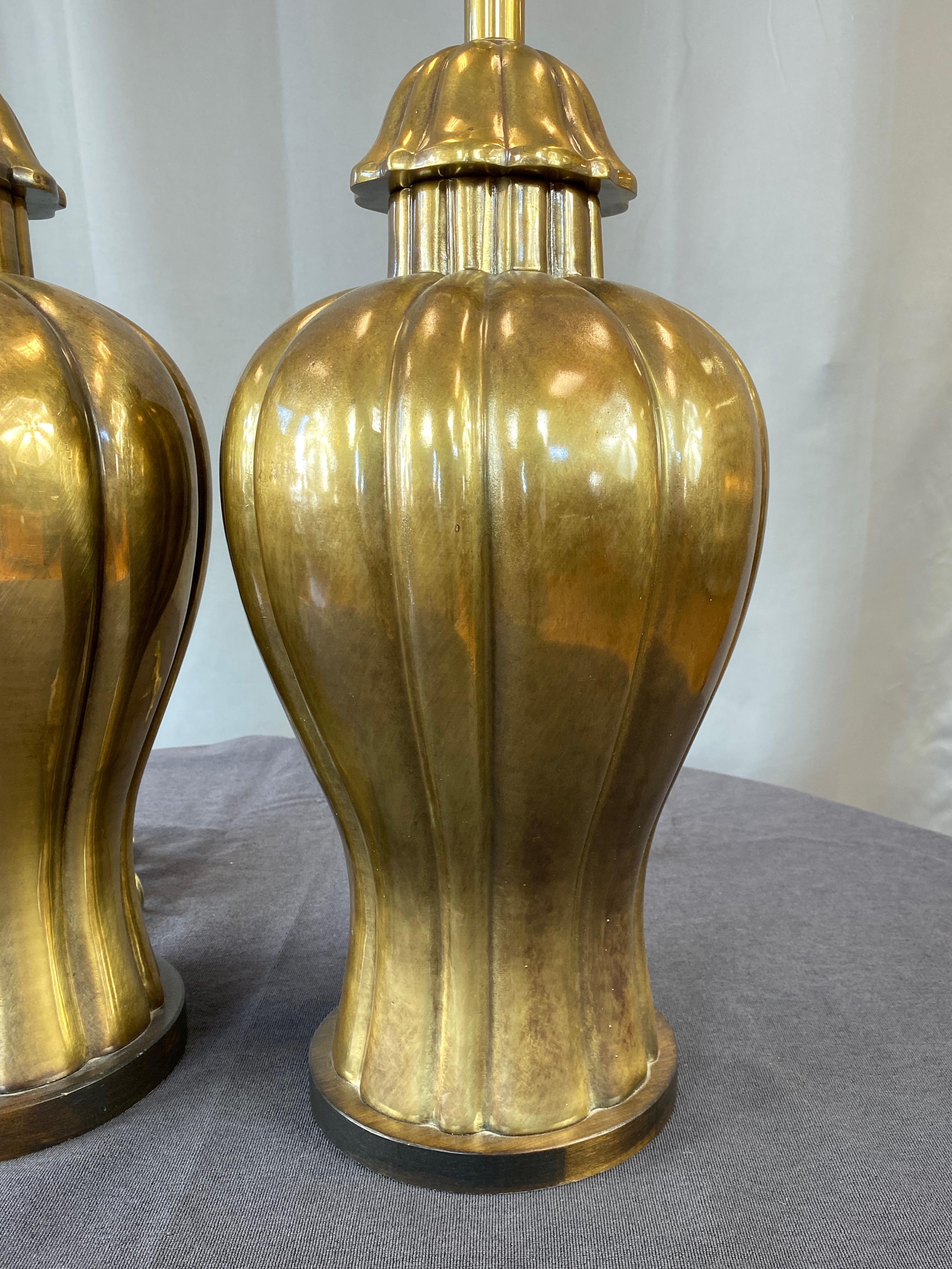 American Pair of Frederick Cooper Brass Ginger Jar Table Lamps, 1970