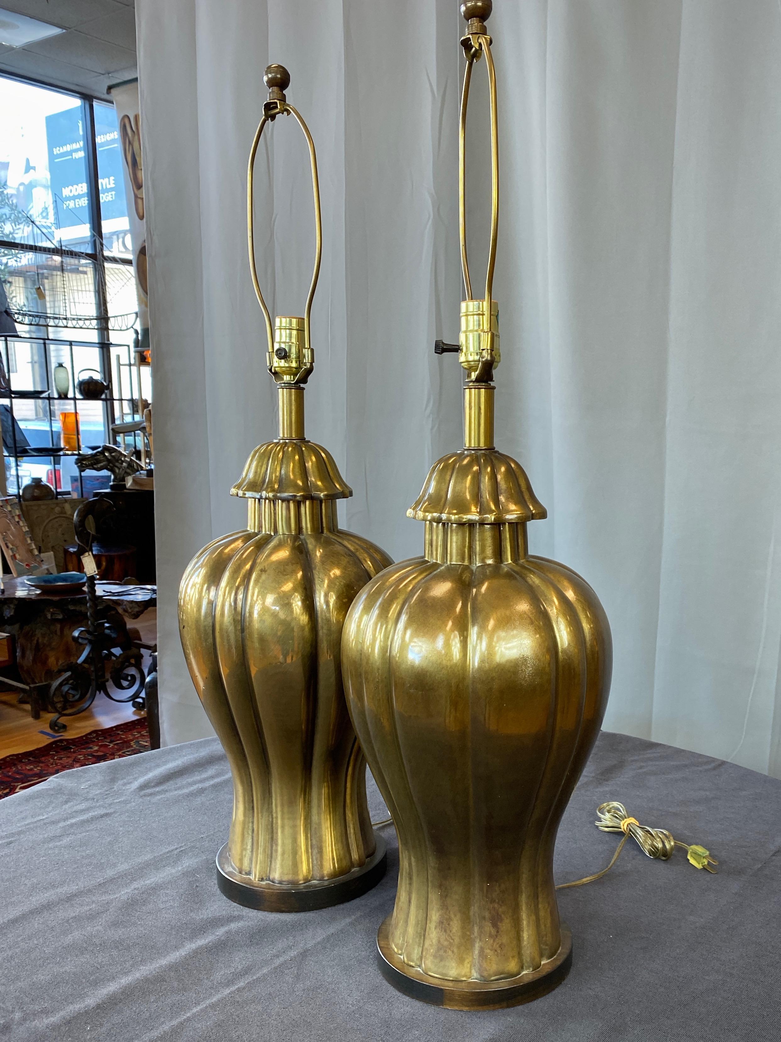 Pair of Frederick Cooper Brass Ginger Jar Table Lamps, 1970 In Good Condition In San Francisco, CA