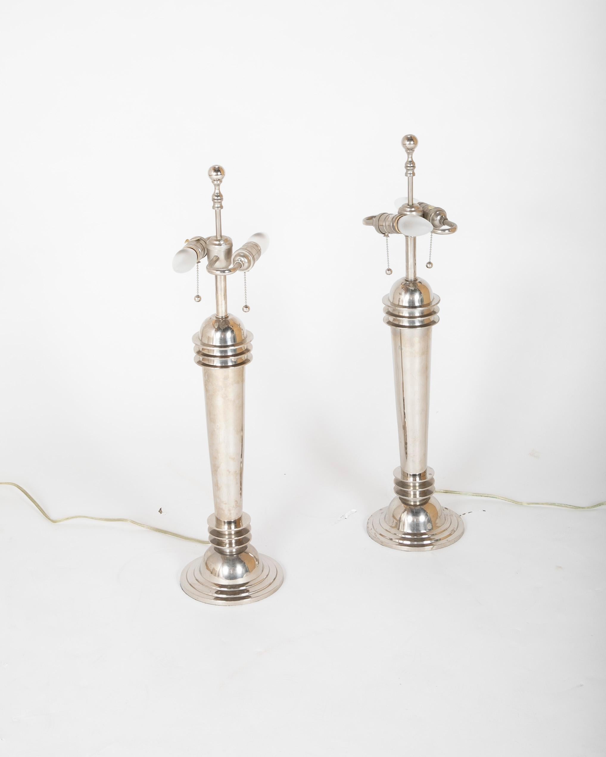 Mid-Century Modern Pair of Frederick Cooper Chrome Atomic Table Lamps with Original Shades For Sale