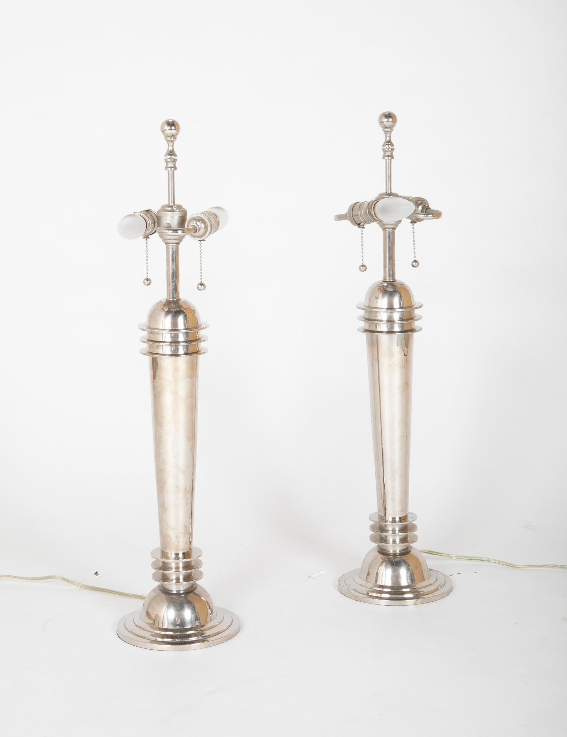 American Pair of Frederick Cooper Chrome Atomic Table Lamps with Original Shades For Sale