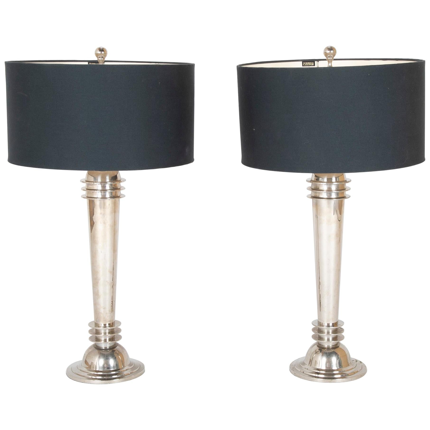 Pair of Frederick Cooper Chrome Atomic Table Lamps with Original Shades For Sale