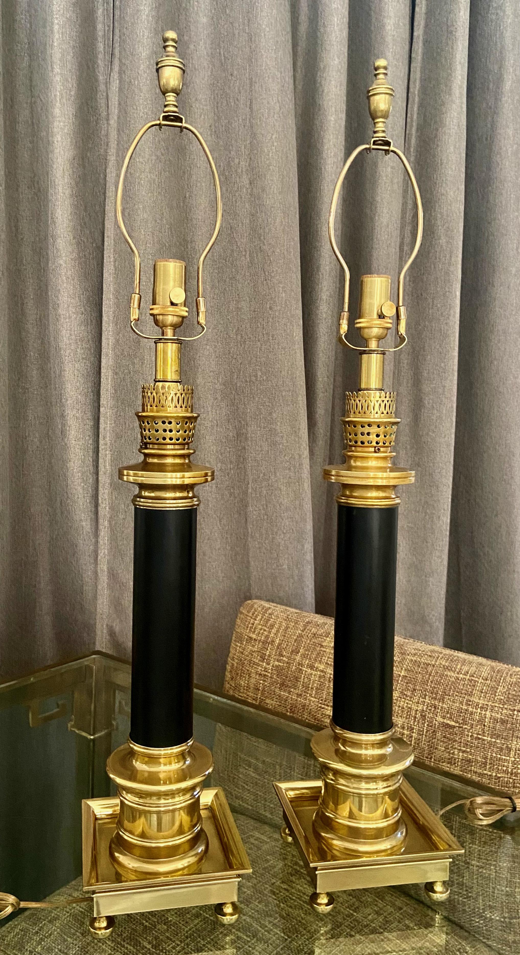 American Pair of Frederick Cooper Column Brass Table Lamps For Sale