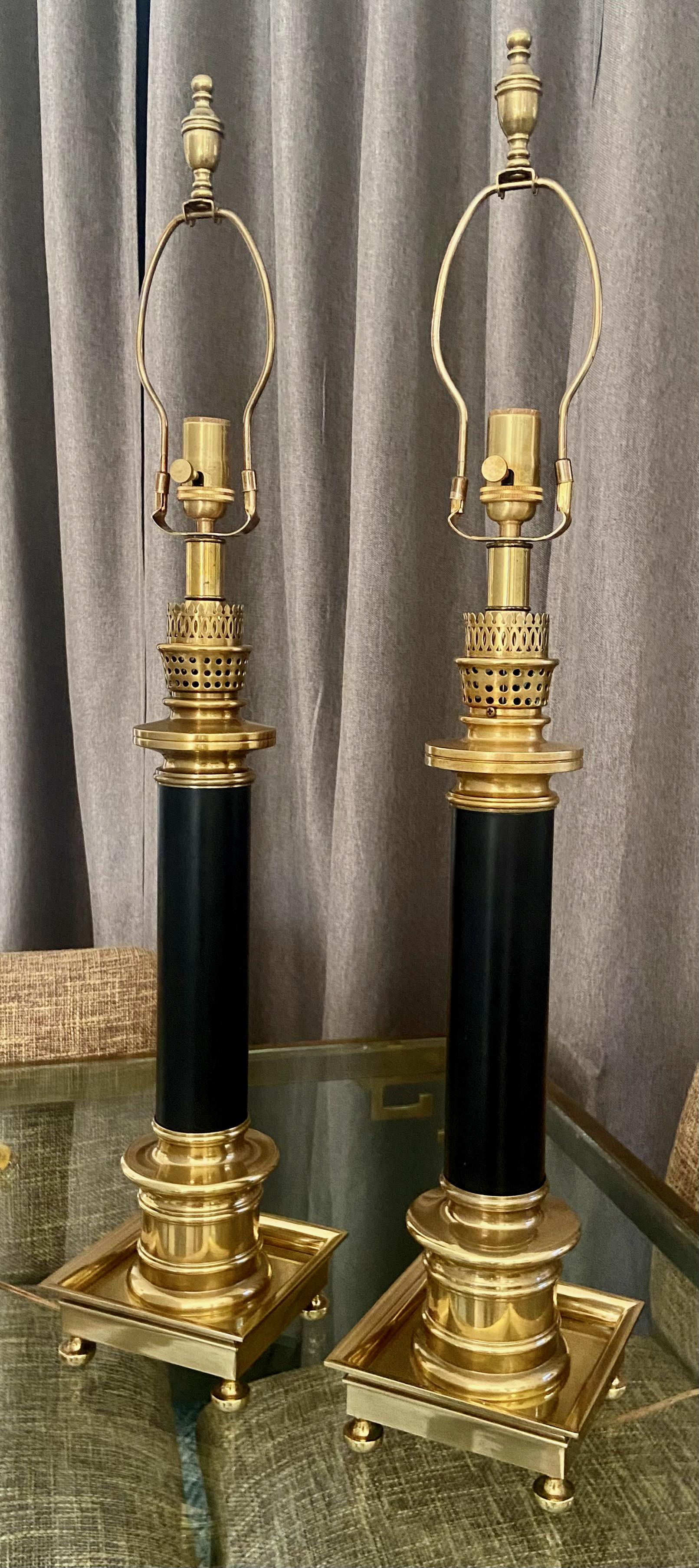 Late 20th Century Pair of Frederick Cooper Column Brass Table Lamps For Sale