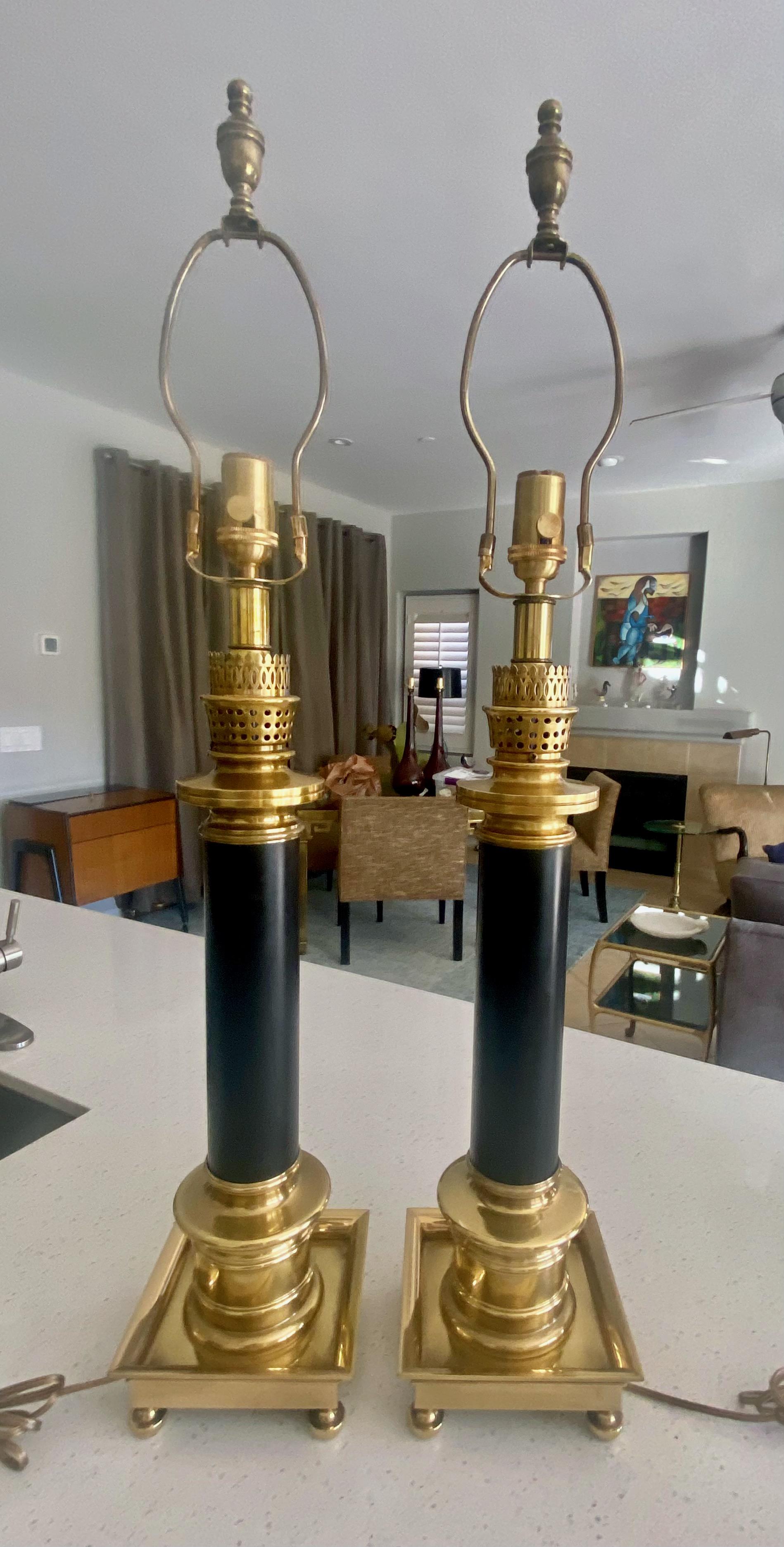Pair of Frederick Cooper Column Brass Table Lamps For Sale 1