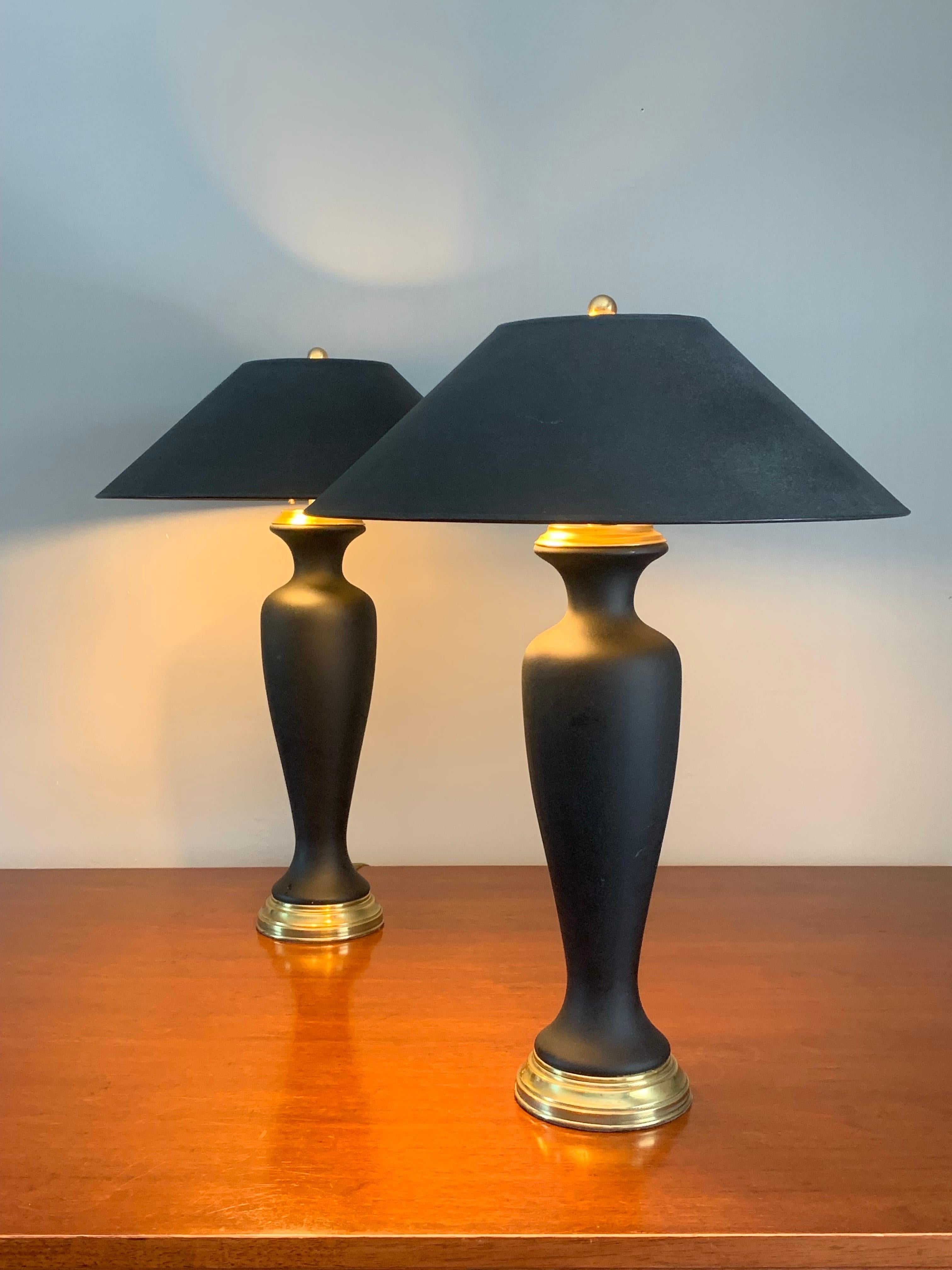 Fantastic pair of Lamps. By Frederick Cooper for Tyndale of Chicago. Frosted black finish that matches base with shades. Full brass hardware and finial. 

Lamp bases are 6” x 6” x 27.5” 

Shades are 20” x 6.5”