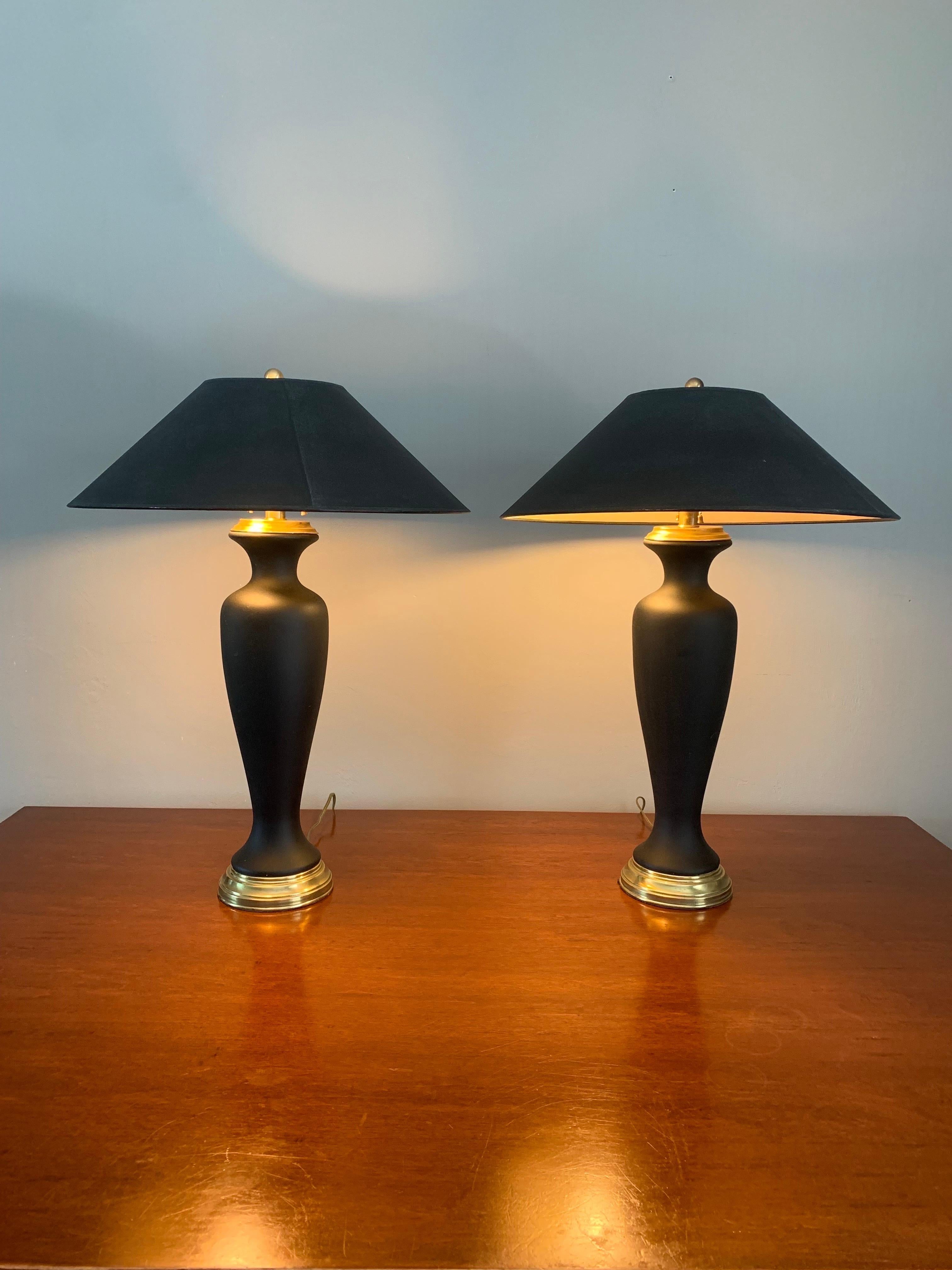 Hollywood Regency Pair of Frederick Cooper for Tyndale Black and Brass Lamps