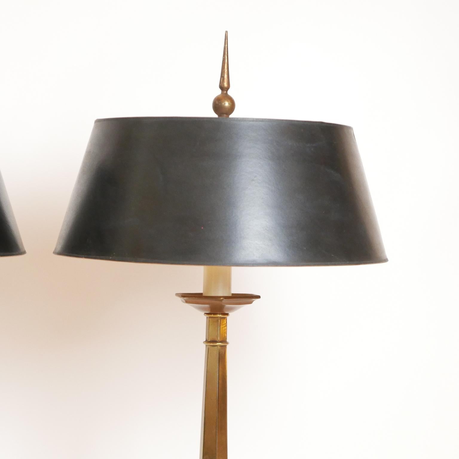 Fantastic pair of brass lamps with original shades, early 1950s