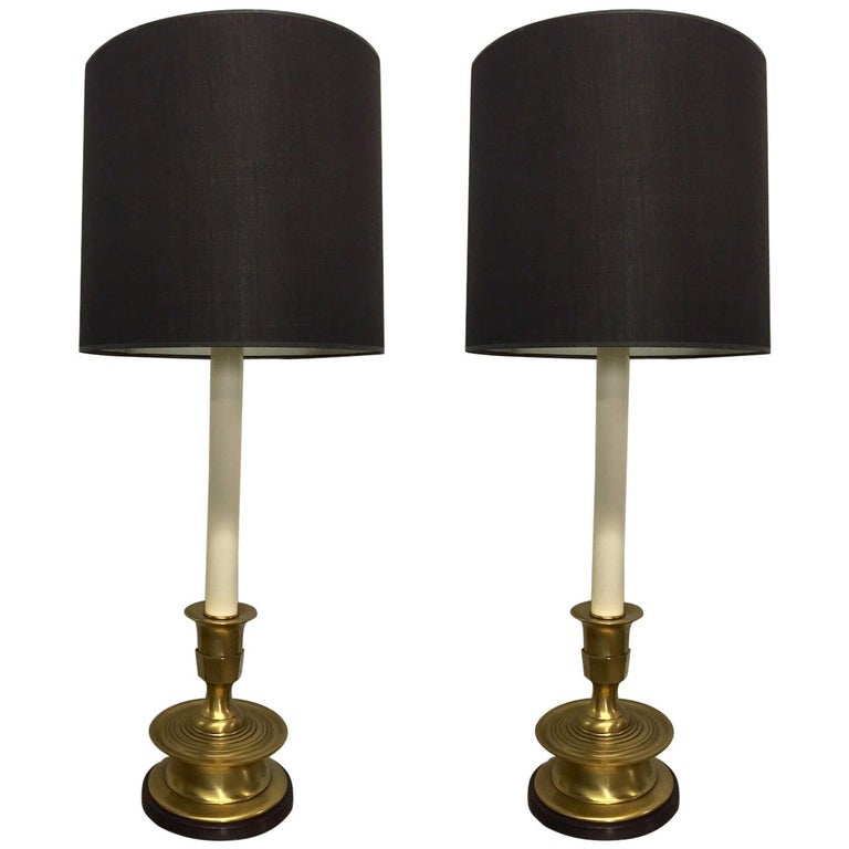 Pair of Frederick Cooper Long Stem Brass Lamps For Sale