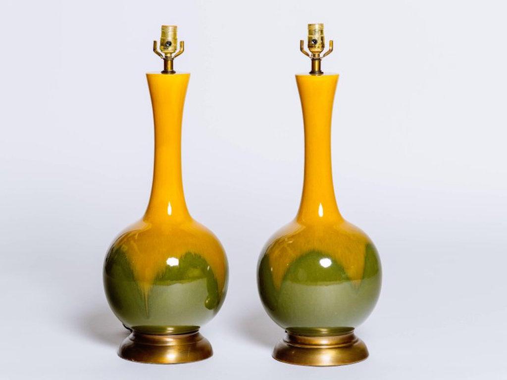 Mid-Century Modern Pair of Frederick Cooper Mustard & Moss Glazed Ceramic Lamps, 1960s