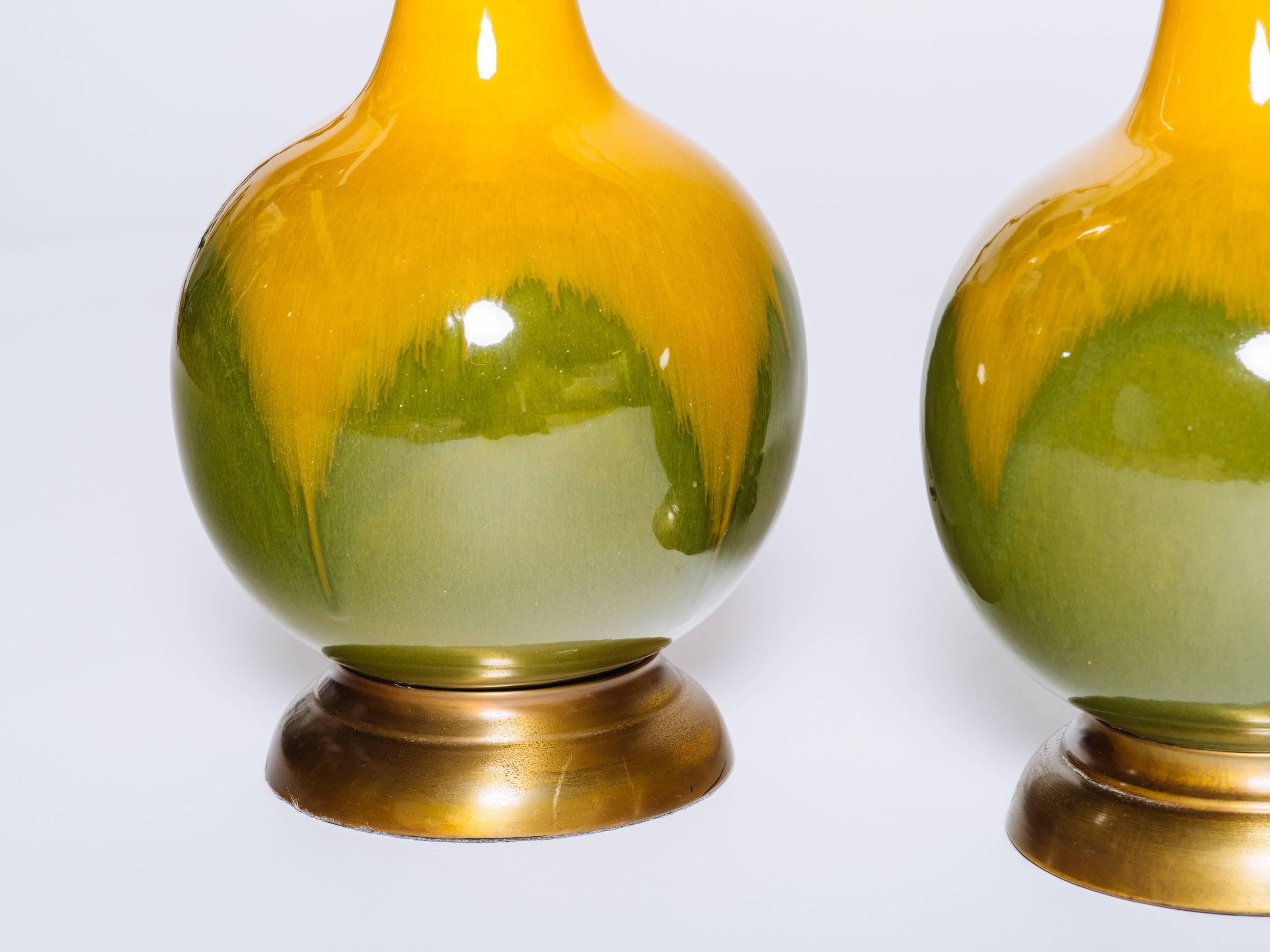 American Pair of Frederick Cooper Mustard & Moss Glazed Ceramic Lamps, 1960s