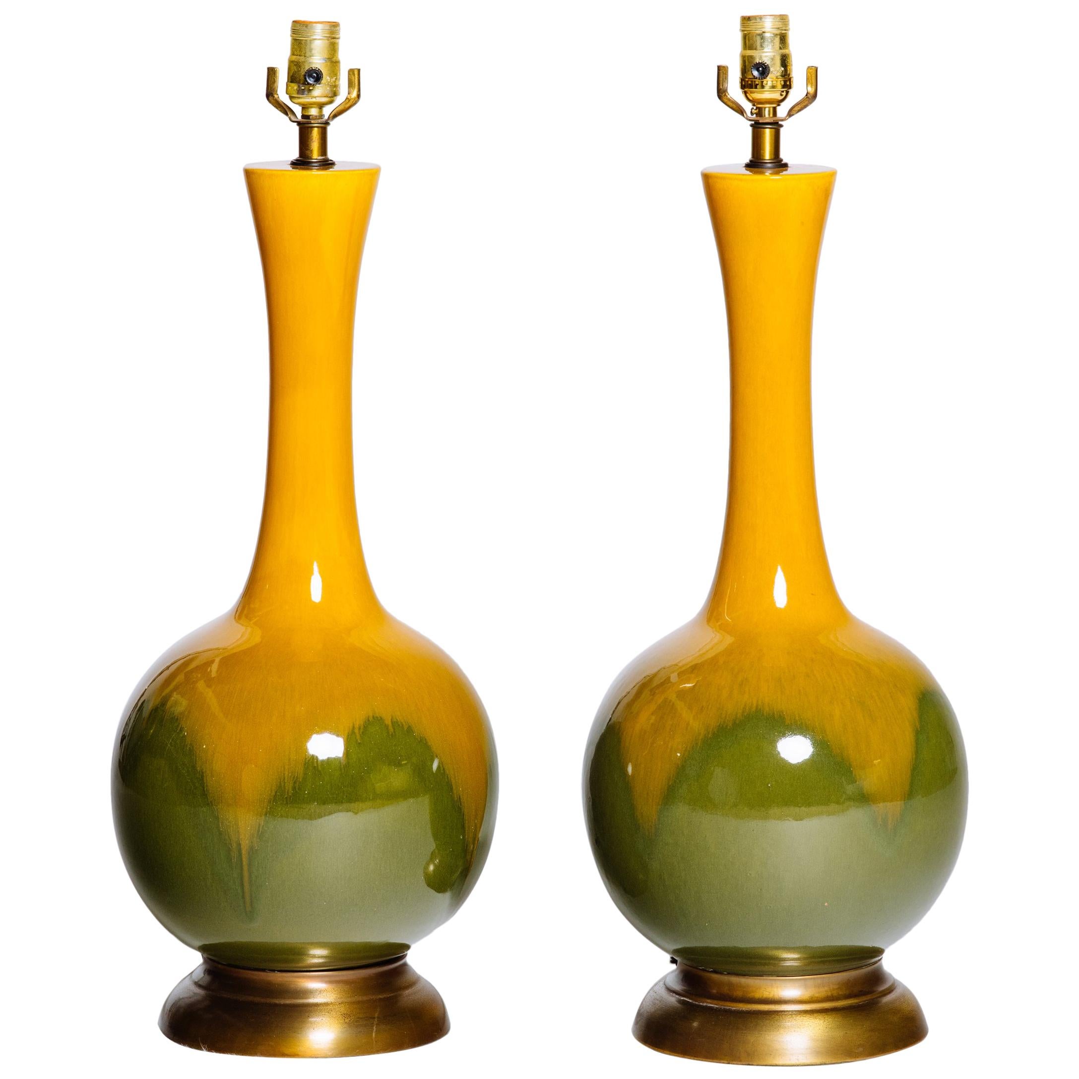 Pair of Frederick Cooper Mustard & Moss Glazed Ceramic Lamps, 1960s