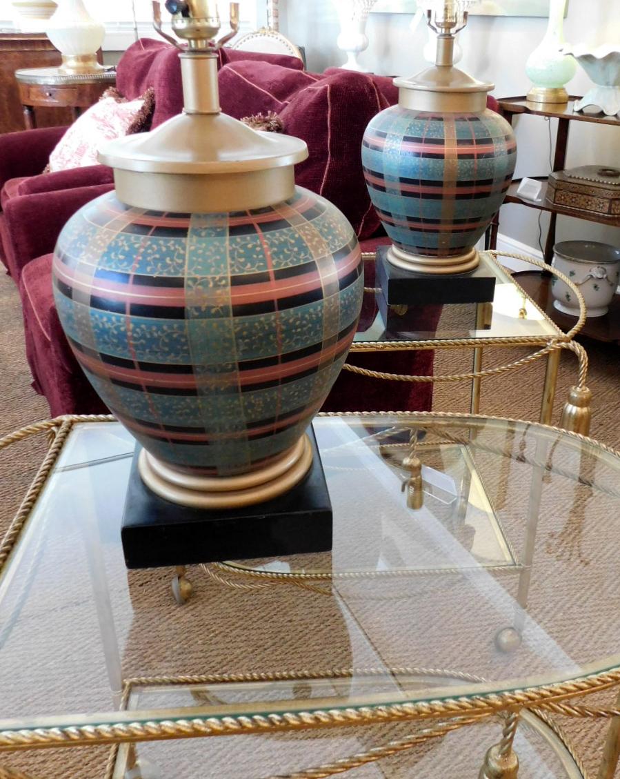 American Pair of Frederick Cooper Ovoid-Form Lamps with Plaid Decoration For Sale