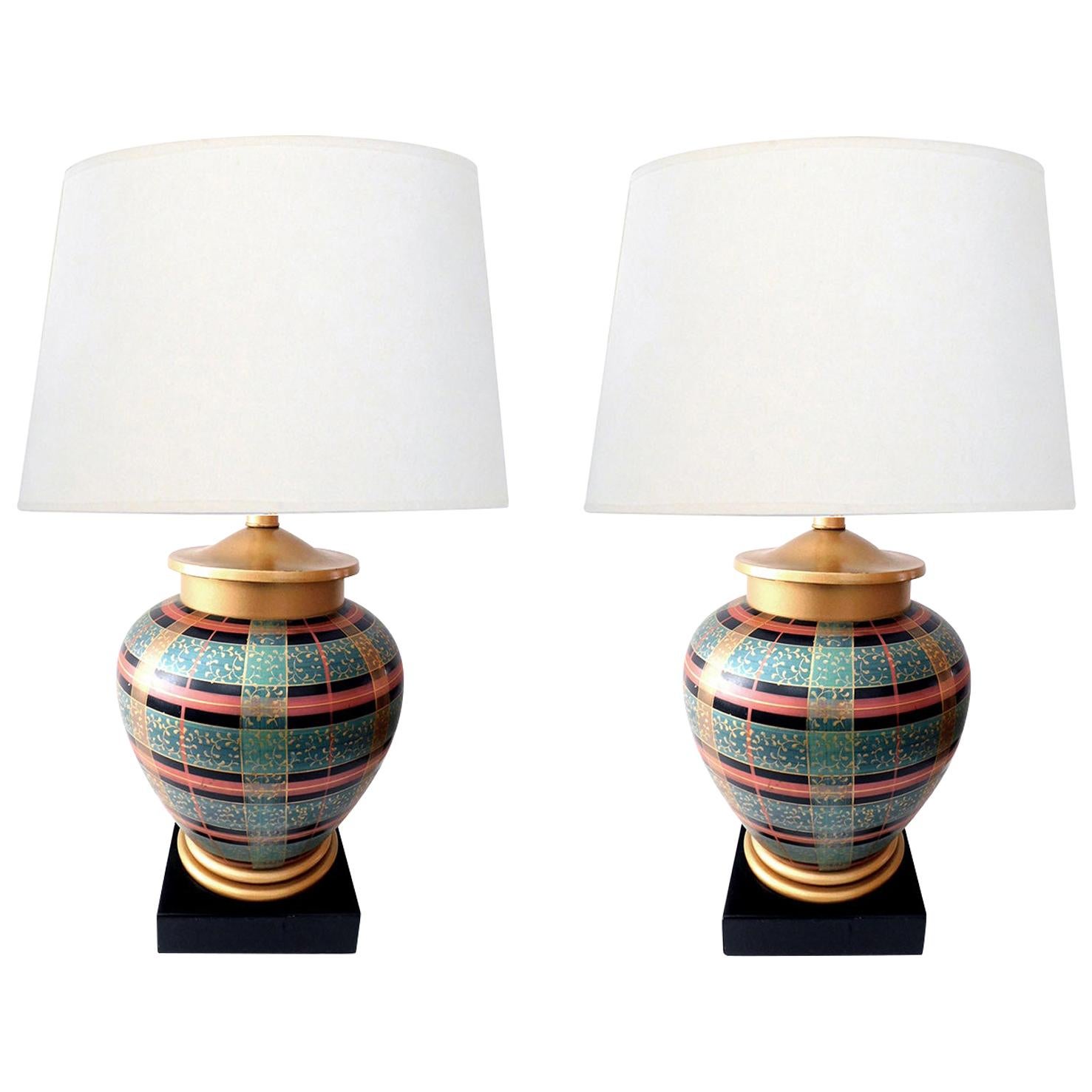 Pair of Frederick Cooper Ovoid-Form Lamps with Plaid Decoration For Sale