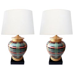 Vintage Pair of Frederick Cooper Ovoid-Form Lamps with Plaid Decoration