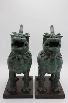 Pair of Frederick Cooper Patinated Bronze Foo Dog Censer Sculptures