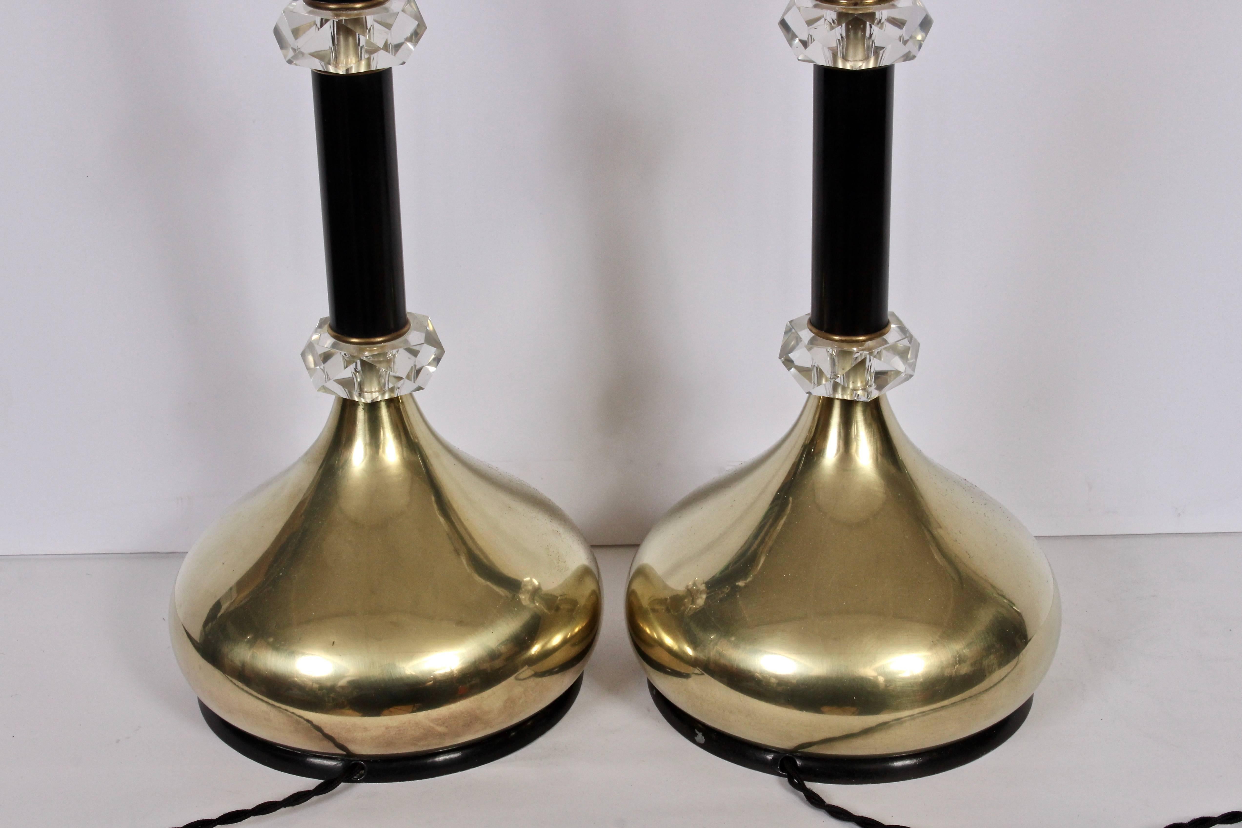 Enameled Pair of Brass, Stacked Faceted Lucite Crystal & Black Enamel Table Lamps, 1960's