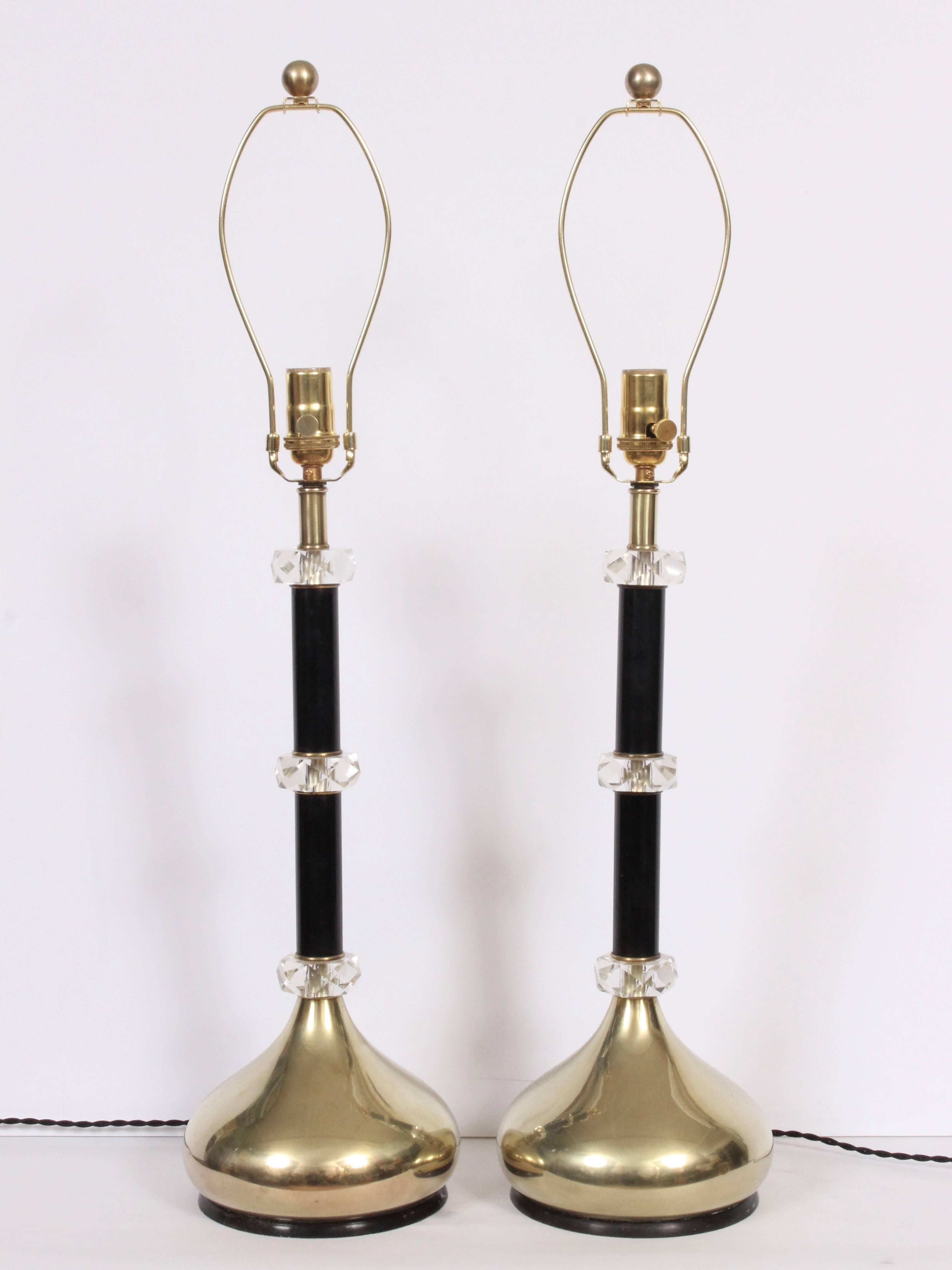 Pair of Brass, Stacked Faceted Lucite Crystal & Black Enamel Table Lamps, 1960's In Good Condition In Bainbridge, NY