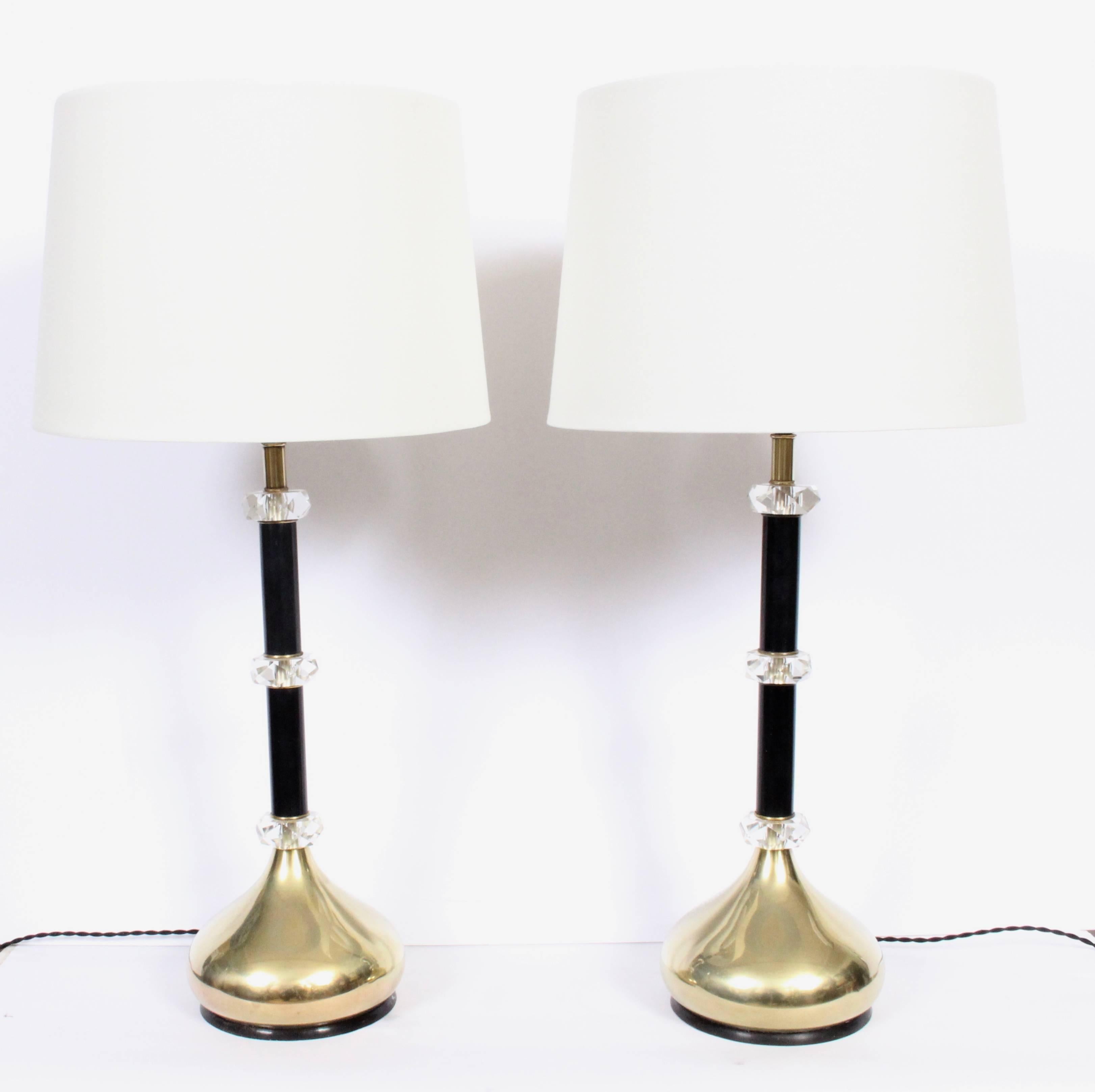 Mid-20th Century Pair of Brass, Stacked Faceted Lucite Crystal & Black Enamel Table Lamps, 1960's