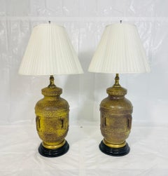 Pair of Frederick Cooper Yellow-Green Glazed Ceramic Table Lamps, Vintage Mid-Ce