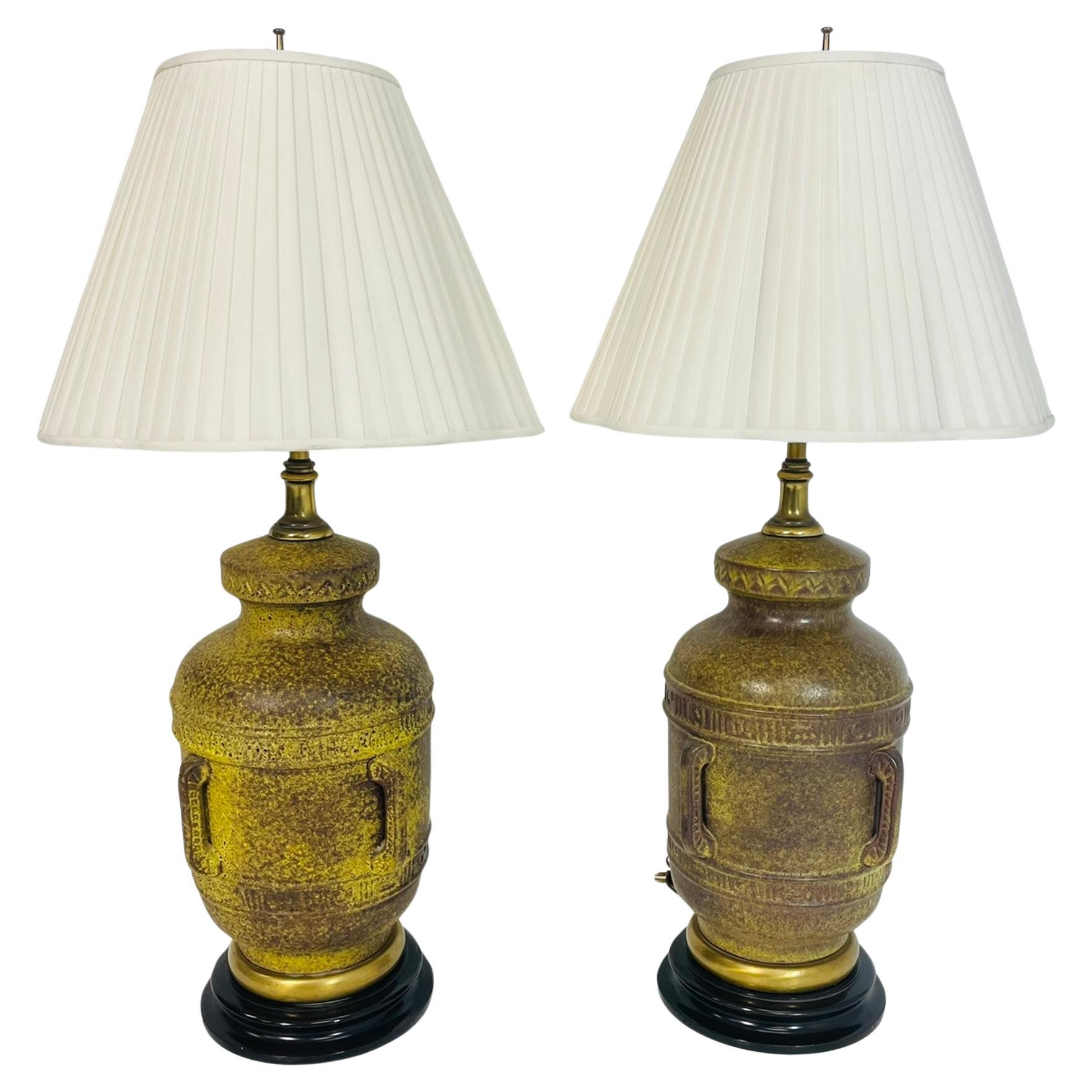 Pair of Frederick Cooper Yellow-Green Glazed Ceramic Table Lamps, Vintage Mid-Ce