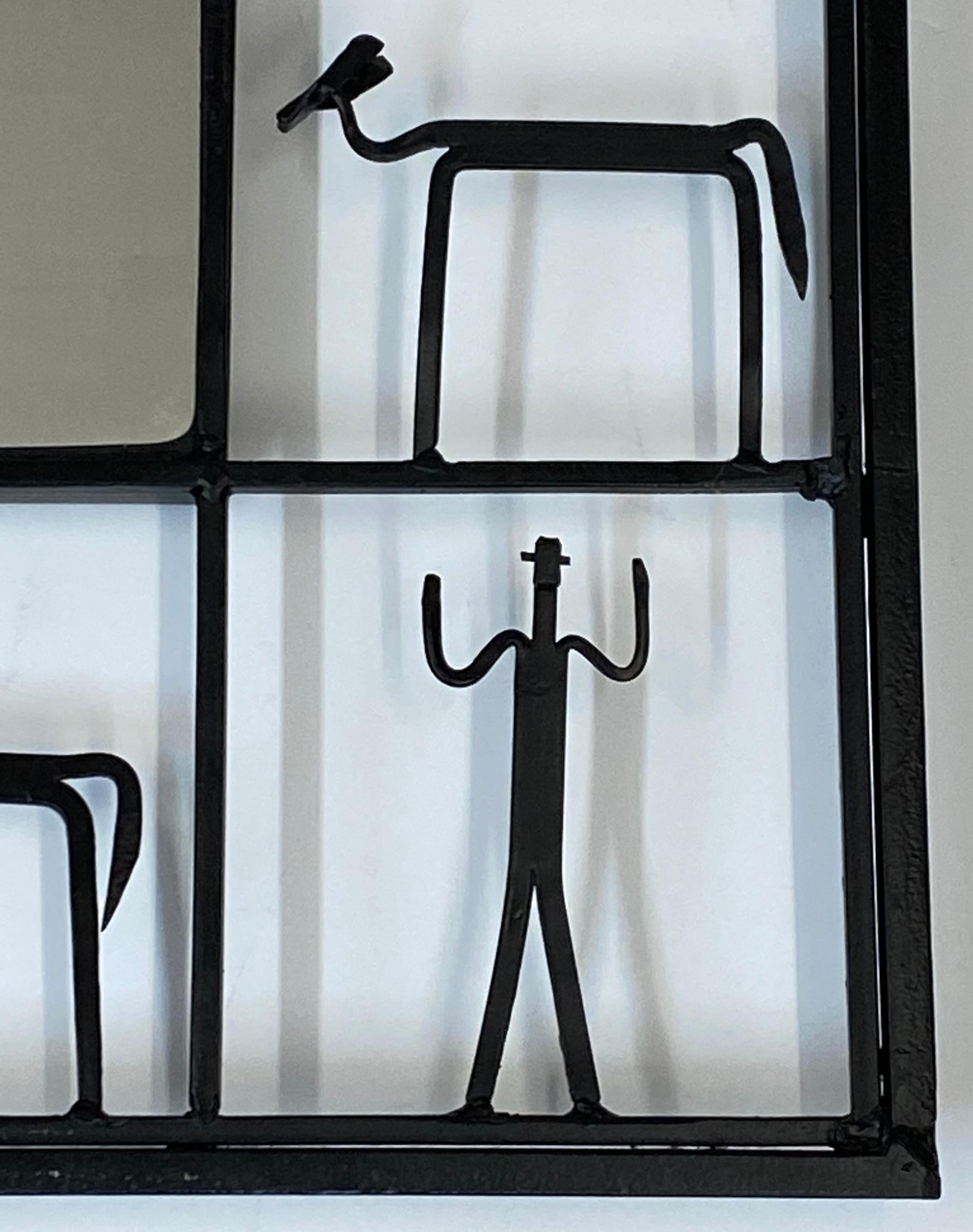 Pair of Frederick Weinberg Animal & Human Stick Figure Iron Framed Mirrors In Good Condition In San Francisco, CA