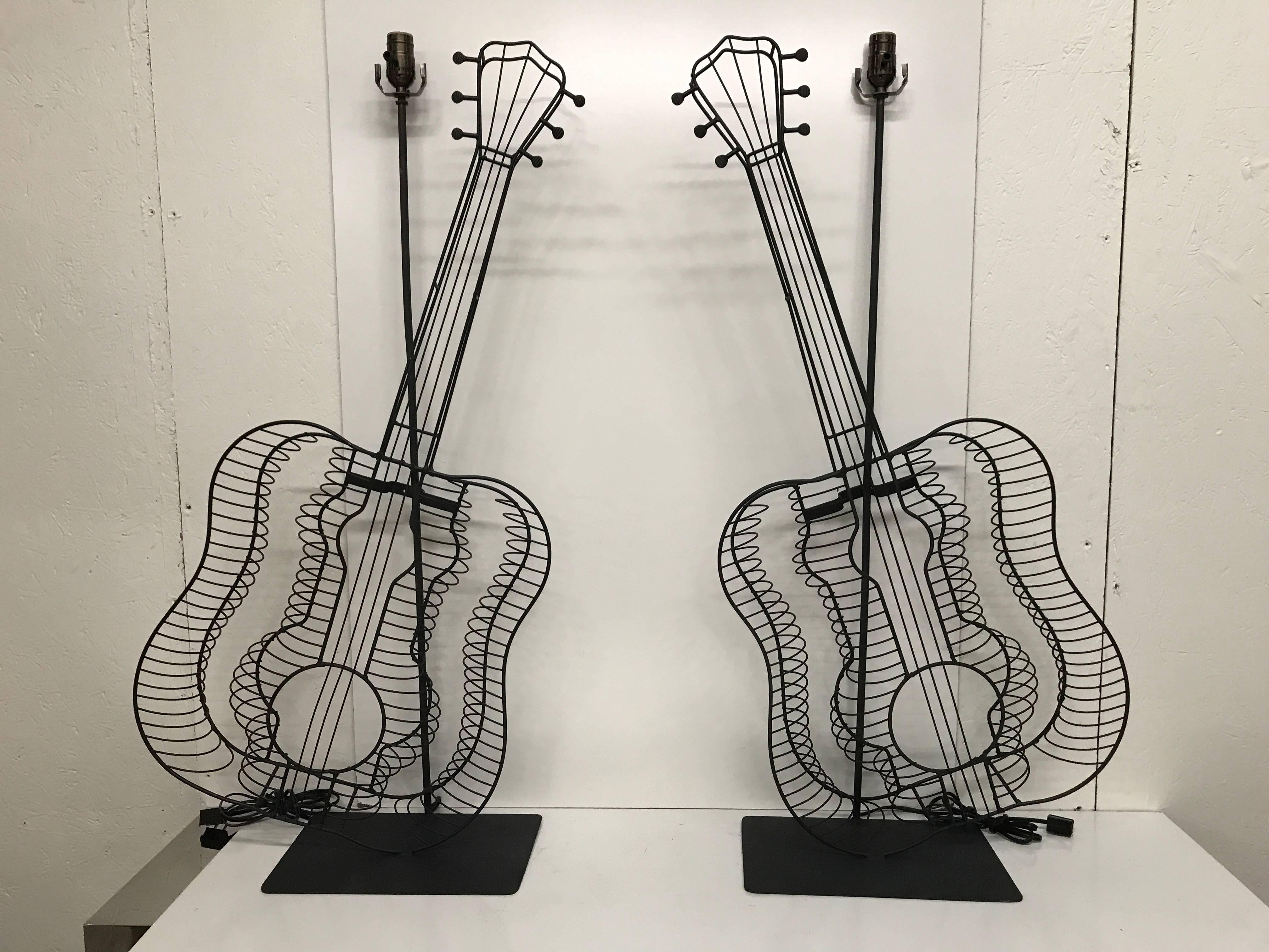 Pair of Fredrick Weinberg Style Guitar Lamps In Good Condition In West Palm Beach, FL