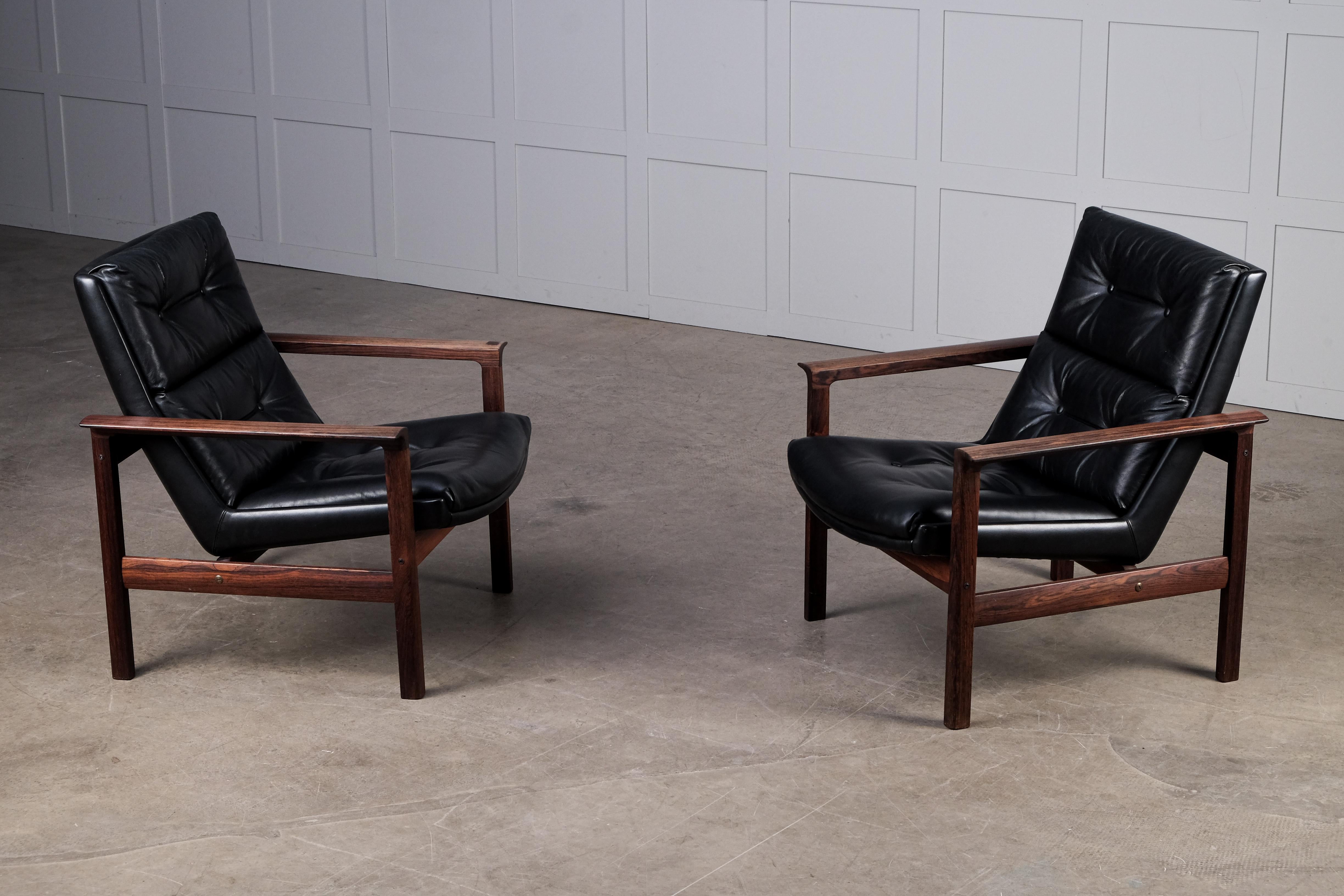 Leather Pair of Fredrik Kayser Easy Chairs for Vatne Møbler, Norway, 1960s