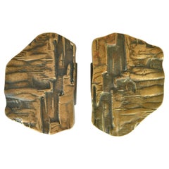 Large Architectural Pair of Bronze Push Pull Door Handles with Abstract Relief