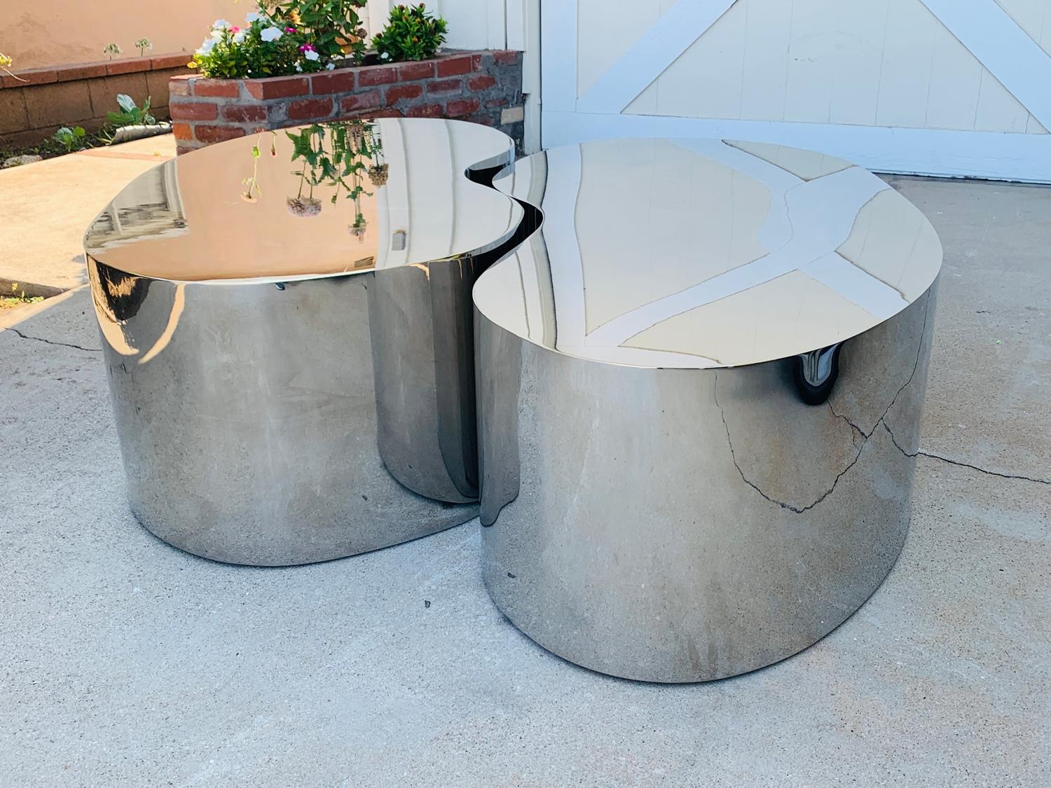 Polished Pair of Free-Form Coffee Tables in Stainless Steel