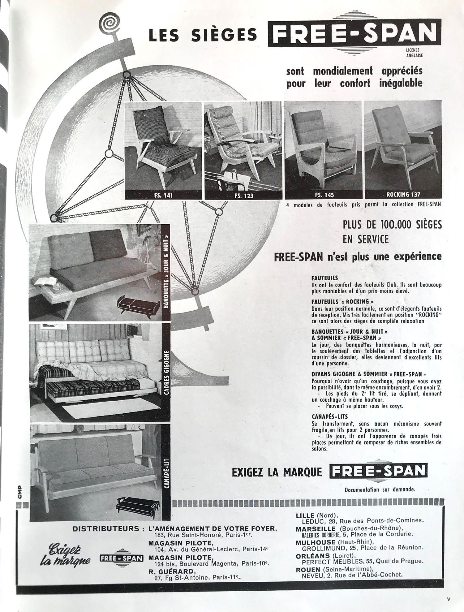 Paire de fauteuils à oreilles Free Span FS 123, France, 1954 en vente 9