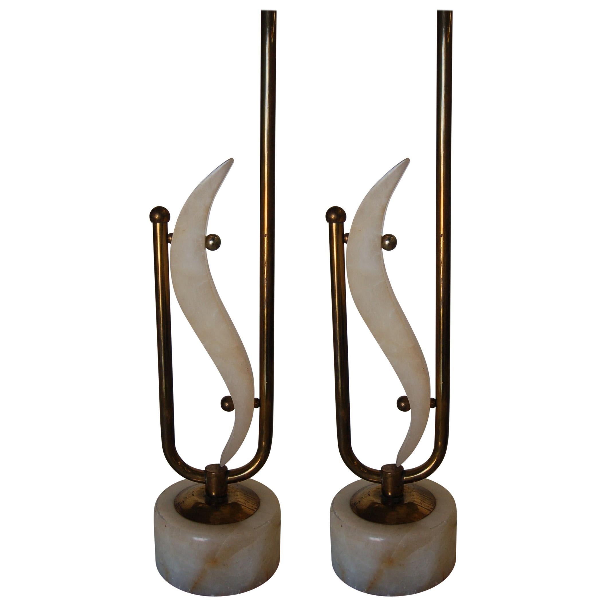 Pair of Freeform Marble and Brass Abstract Sculptural Table Lamps For Sale