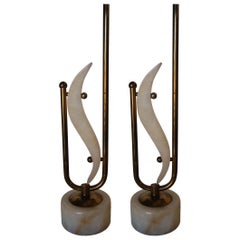 Pair of Freeform Marble and Brass Abstract Sculptural Table Lamps