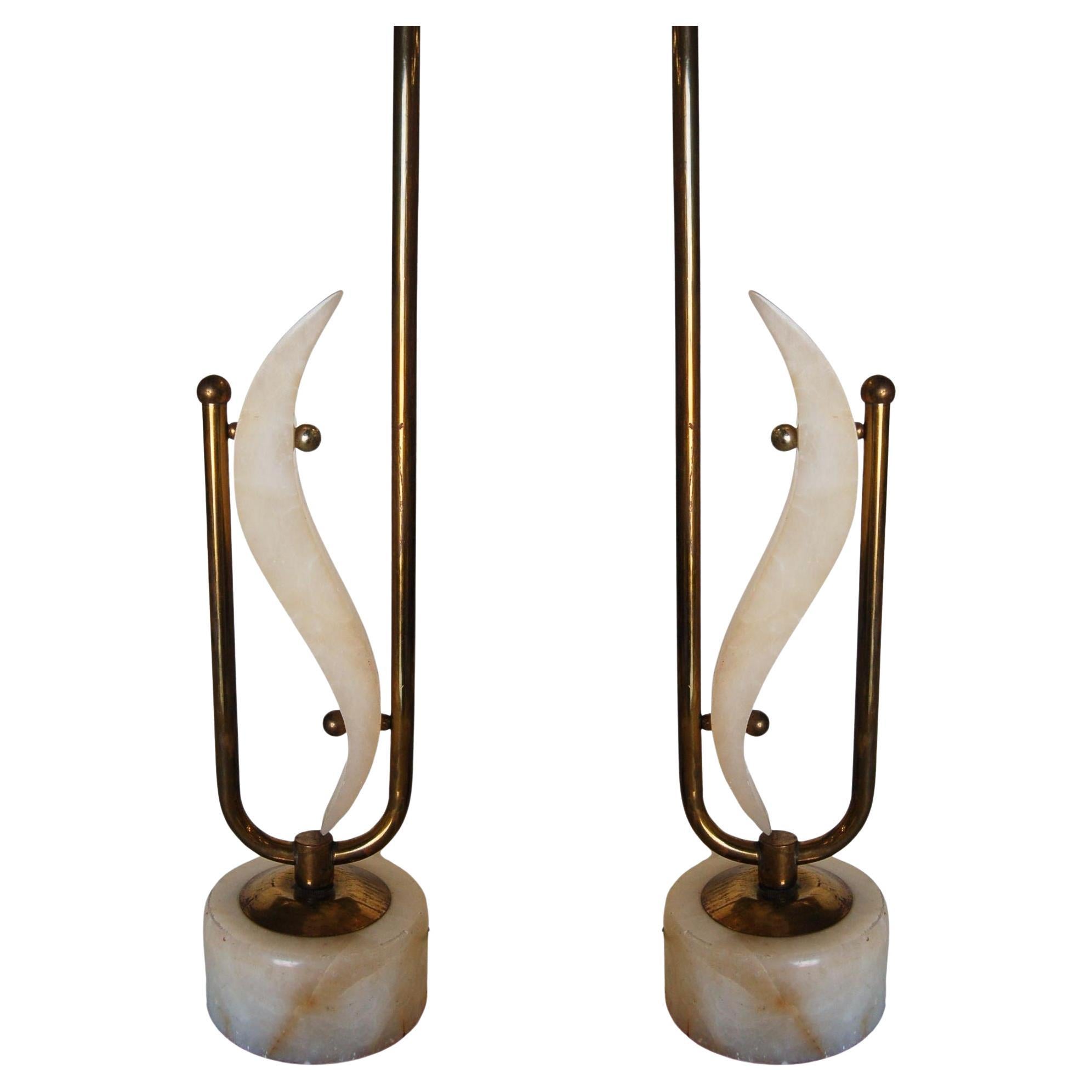 Pair of Freeform Marble and Brass Abstract Sculptural Table Lamps