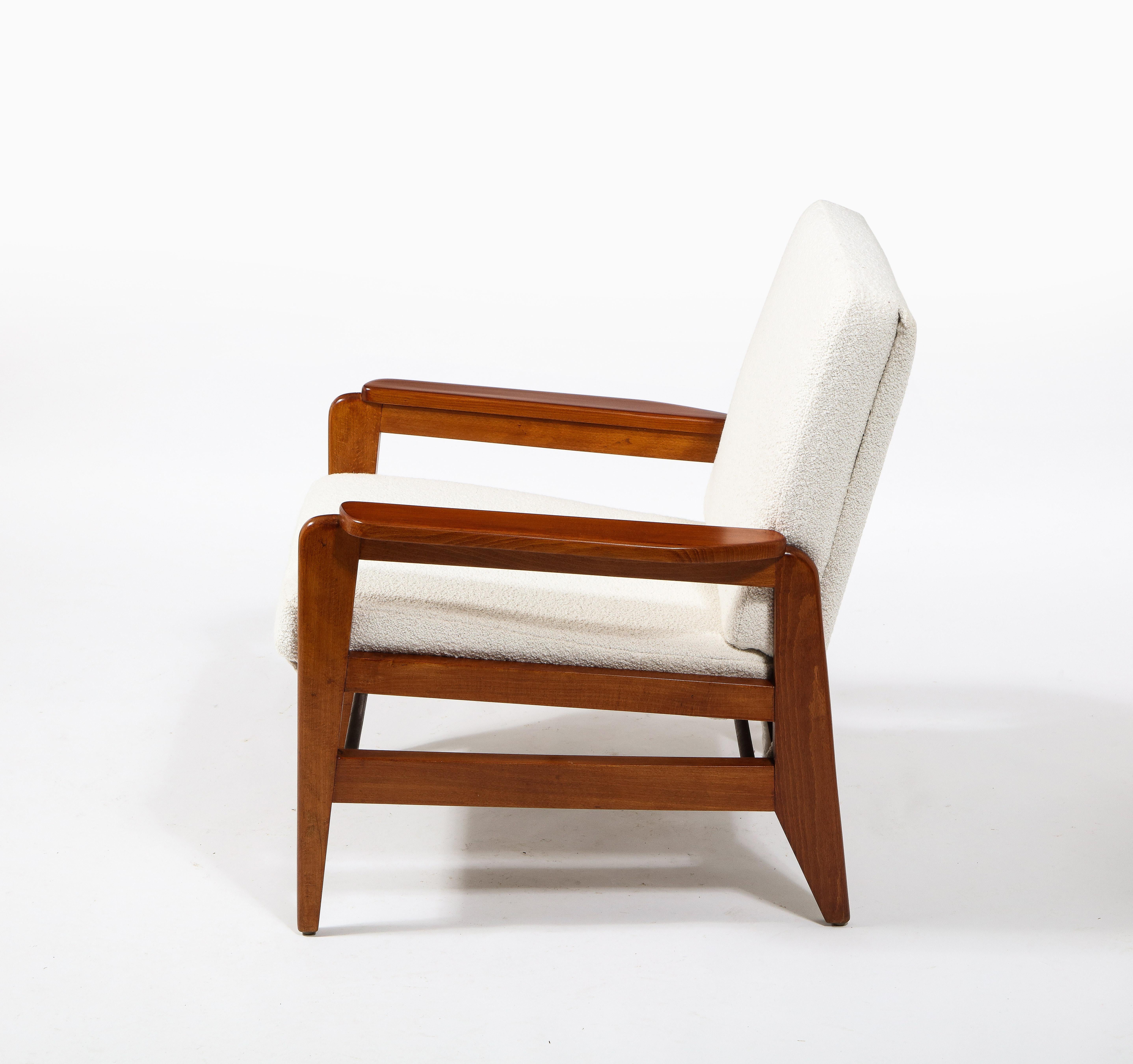 Freespan Pair of Walnut Frame Modern Armchairs in White Bouclé, France 1960's For Sale 4