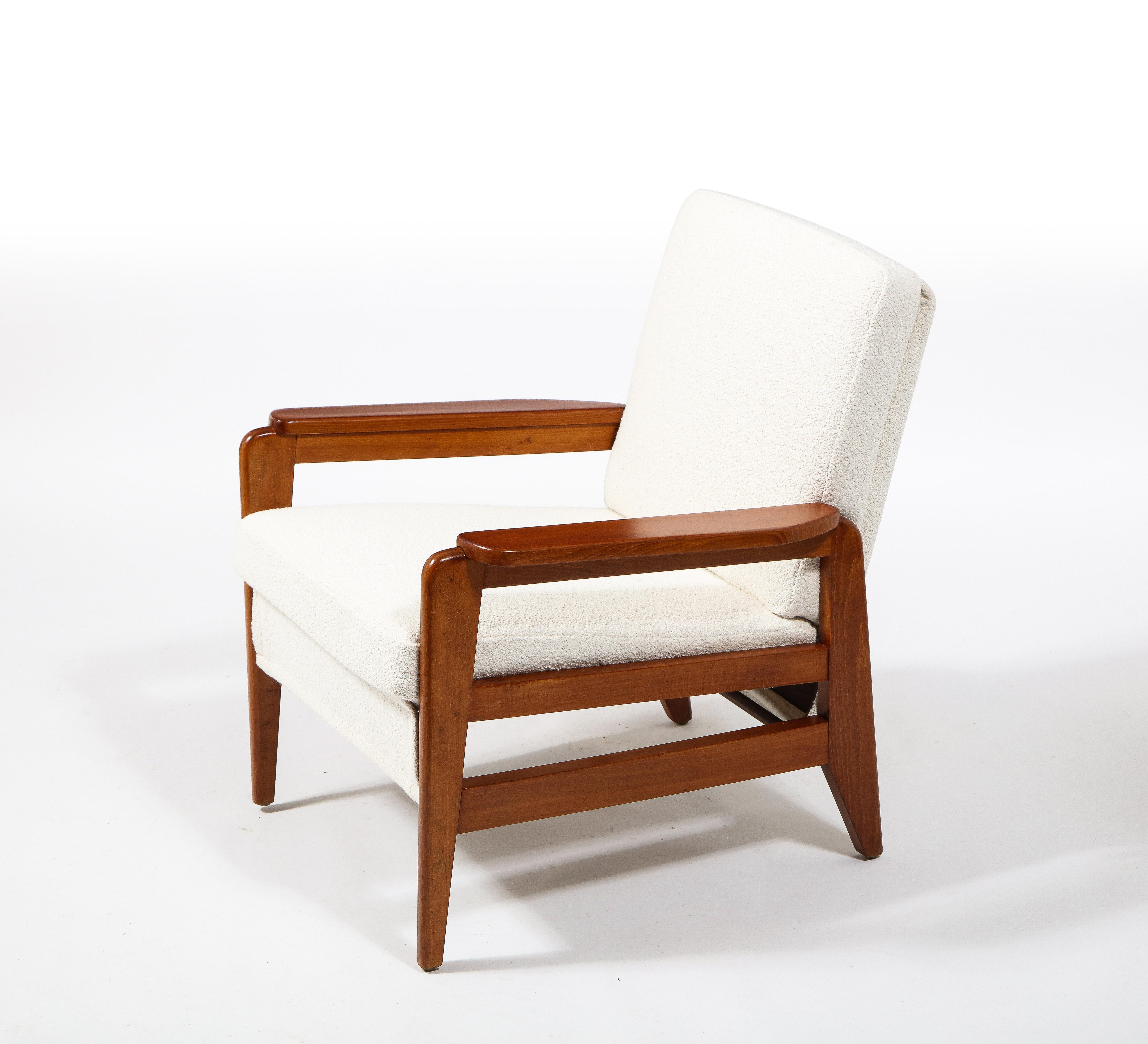 Freespan Pair of Walnut Frame Modern Armchairs in White Bouclé, France 1960's For Sale 1