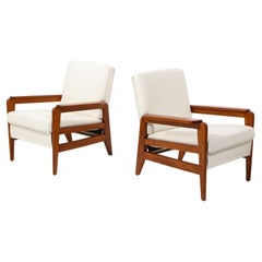 Freespan Pair of Walnut Frame Modern Armchairs in White Bouclé, France 1960's