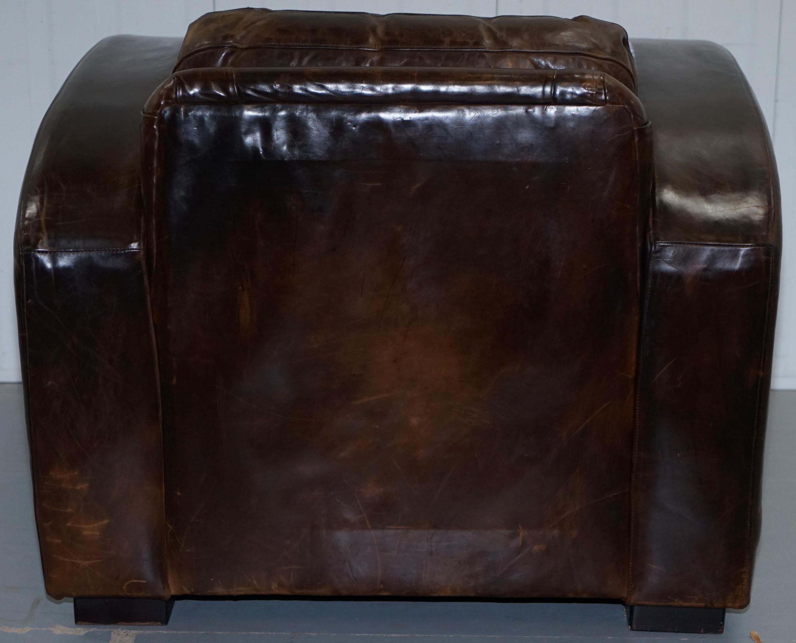 Pair of Freestyle London Aged Brown Heritage Leather Club Armchairs & Footstools 4
