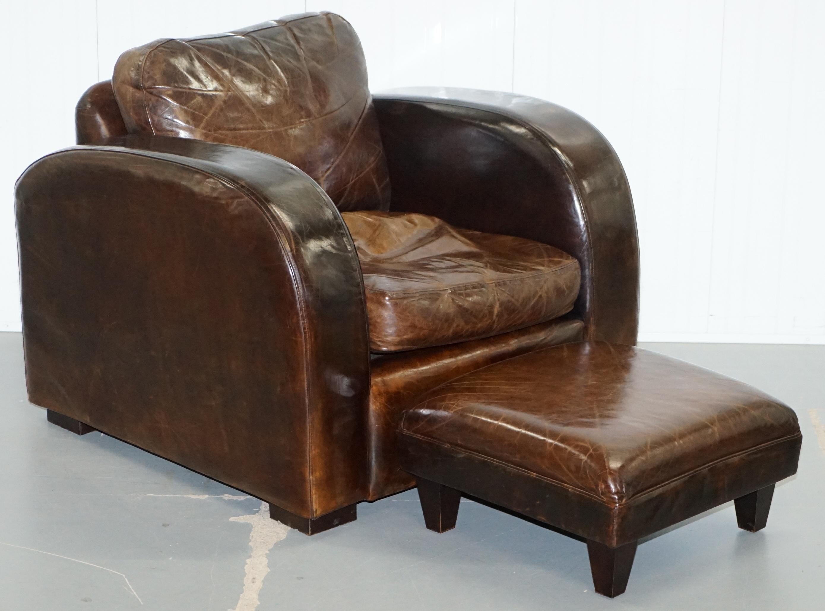 Pair of Freestyle London Aged Brown Heritage Leather Club Armchairs & Footstools 8