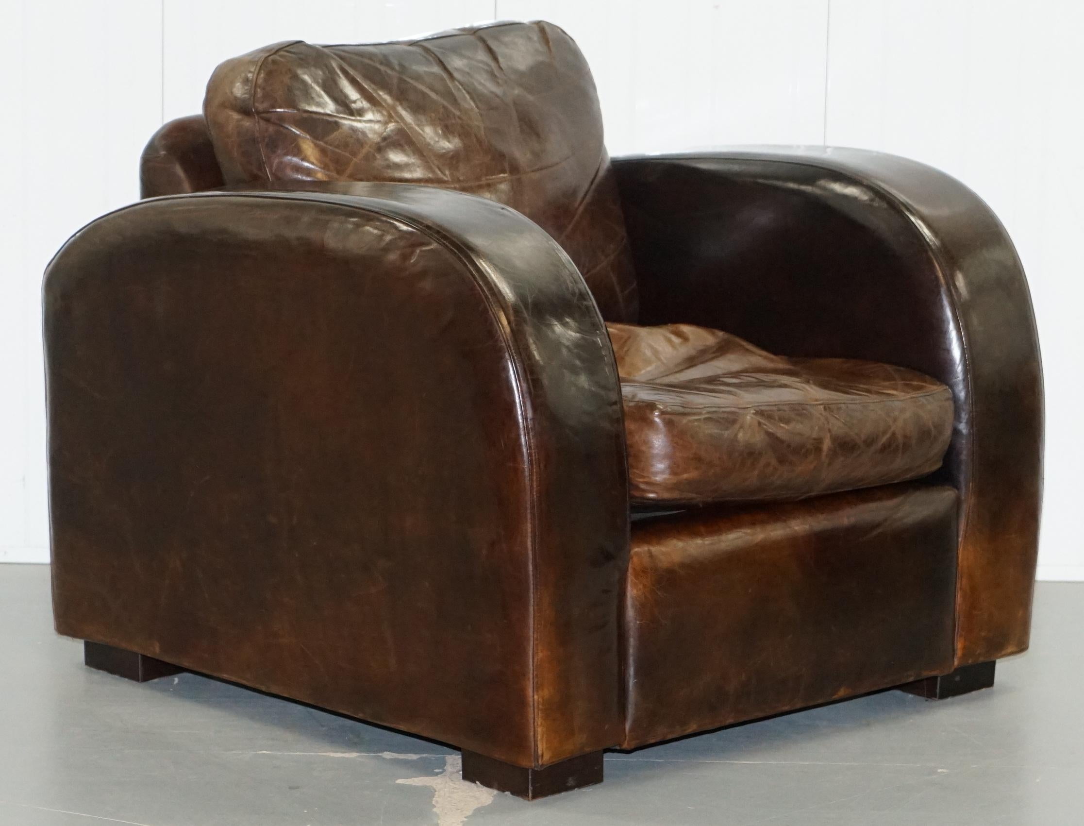Pair of Freestyle London Aged Brown Heritage Leather Club Armchairs & Footstools 9