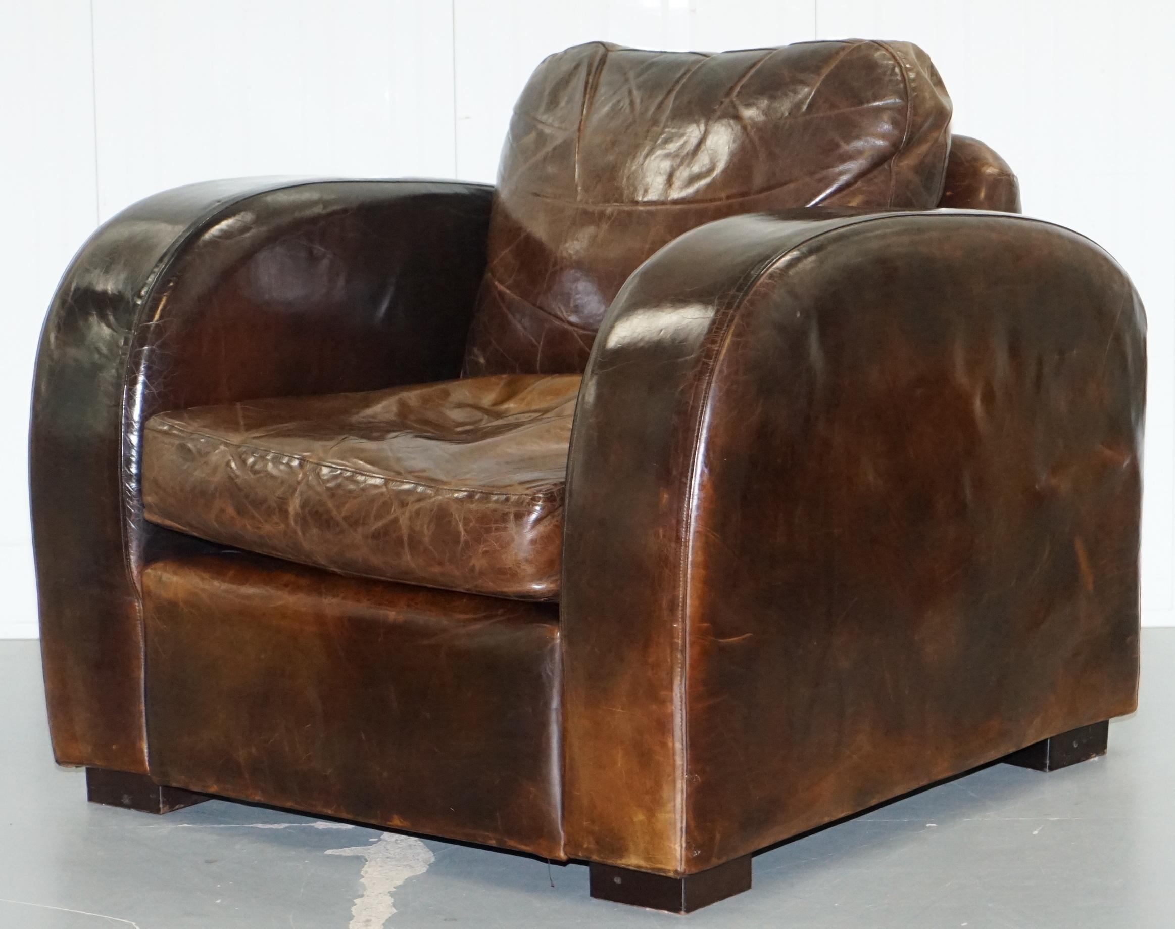 Pair of Freestyle London Aged Brown Heritage Leather Club Armchairs & Footstools 10