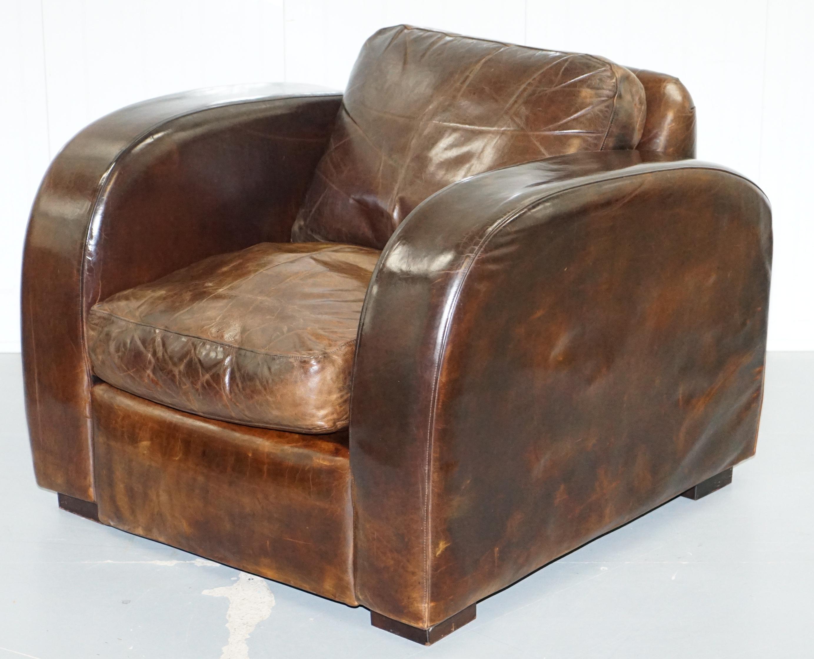 Art Deco Pair of Freestyle London Aged Brown Heritage Leather Club Armchairs & Footstools