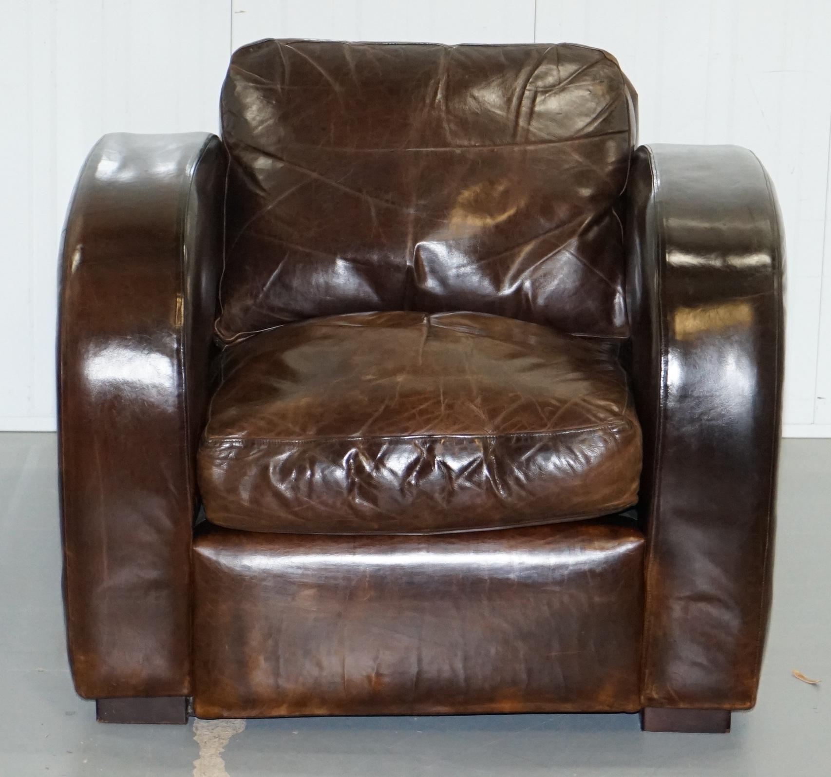 British Pair of Freestyle London Aged Brown Heritage Leather Club Armchairs & Footstools