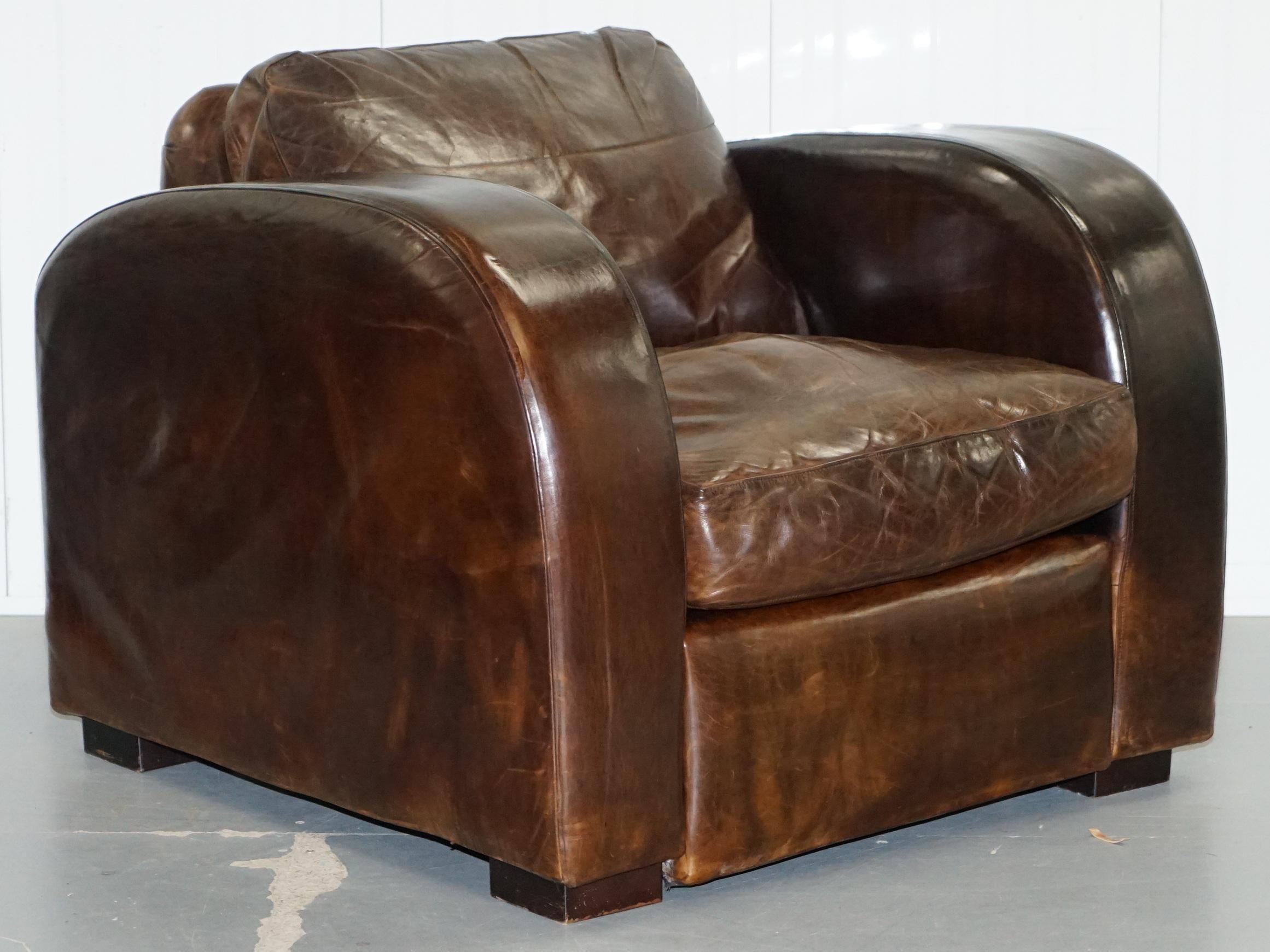 Hand-Carved Pair of Freestyle London Aged Brown Heritage Leather Club Armchairs & Footstools