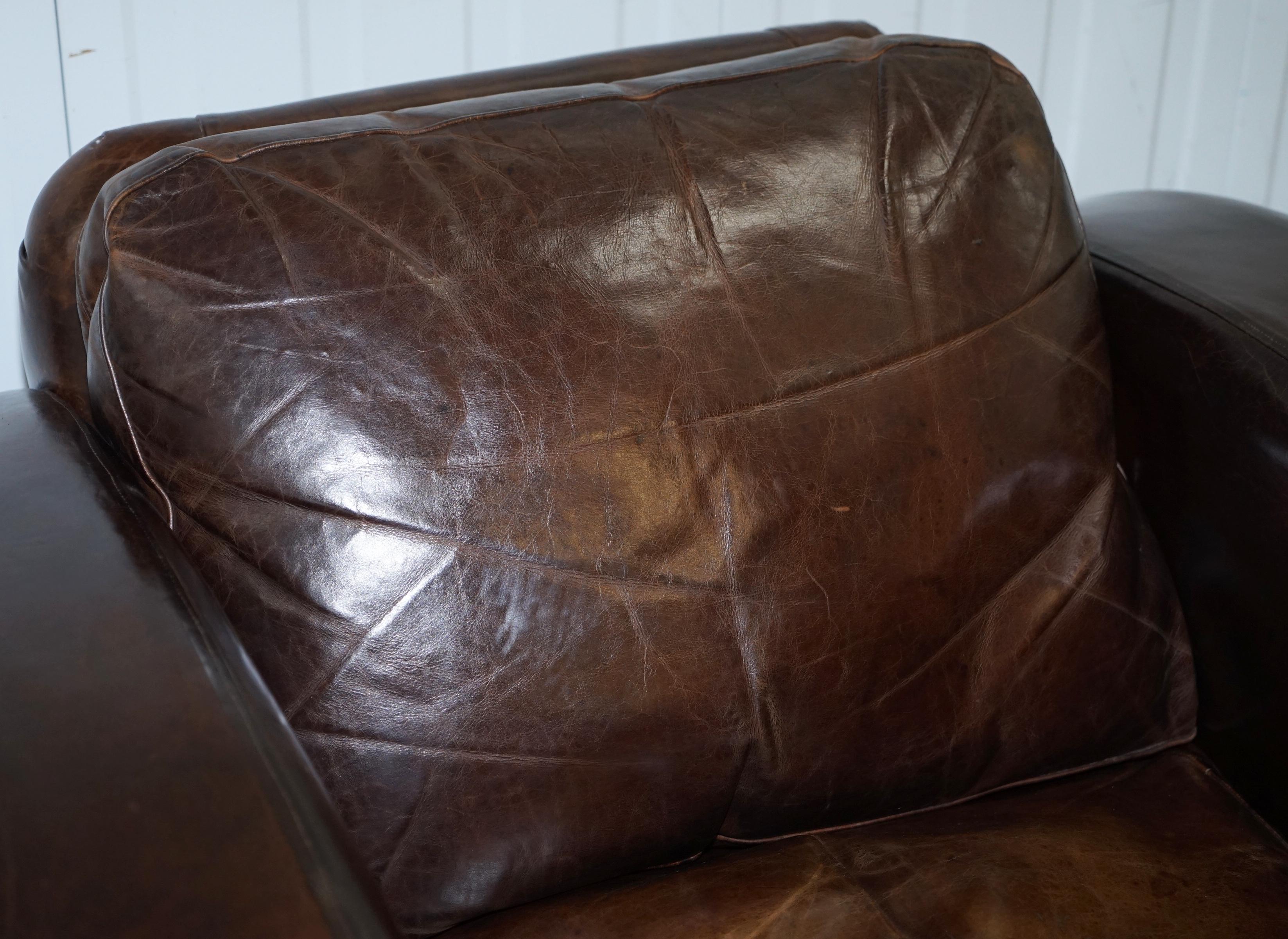 20th Century Pair of Freestyle London Aged Brown Heritage Leather Club Armchairs & Footstools