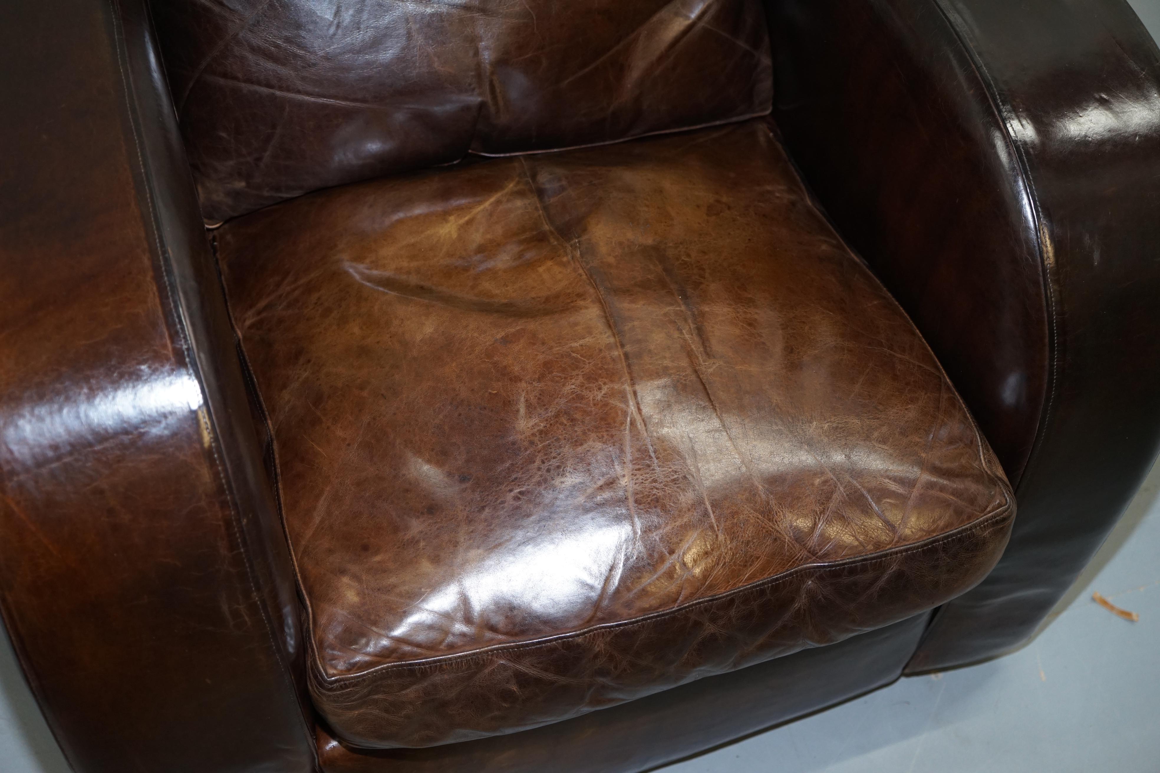 Pair of Freestyle London Aged Brown Heritage Leather Club Armchairs & Footstools 1